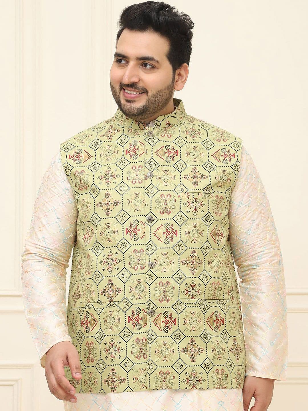 SOJANYA PLUS Men Printed Mandarin Collar Cotton Linen Nehru Jacket - view 1