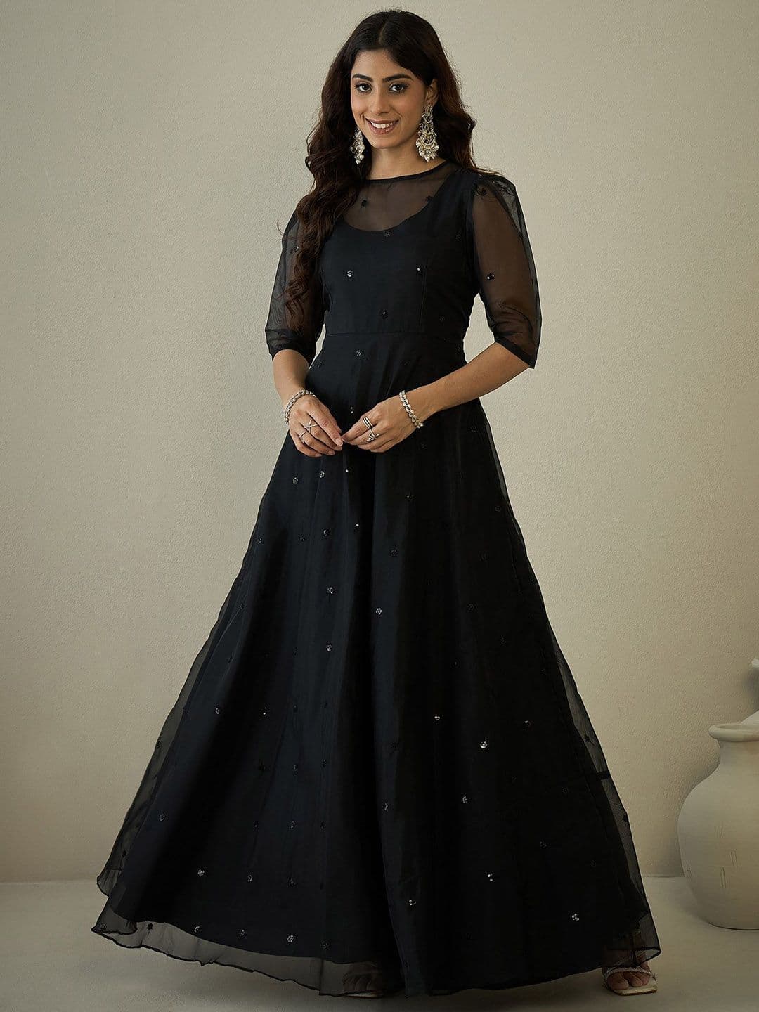 Inddus Women Sequinned Embroidered Fit and Flare Ethnic Dress - view 1