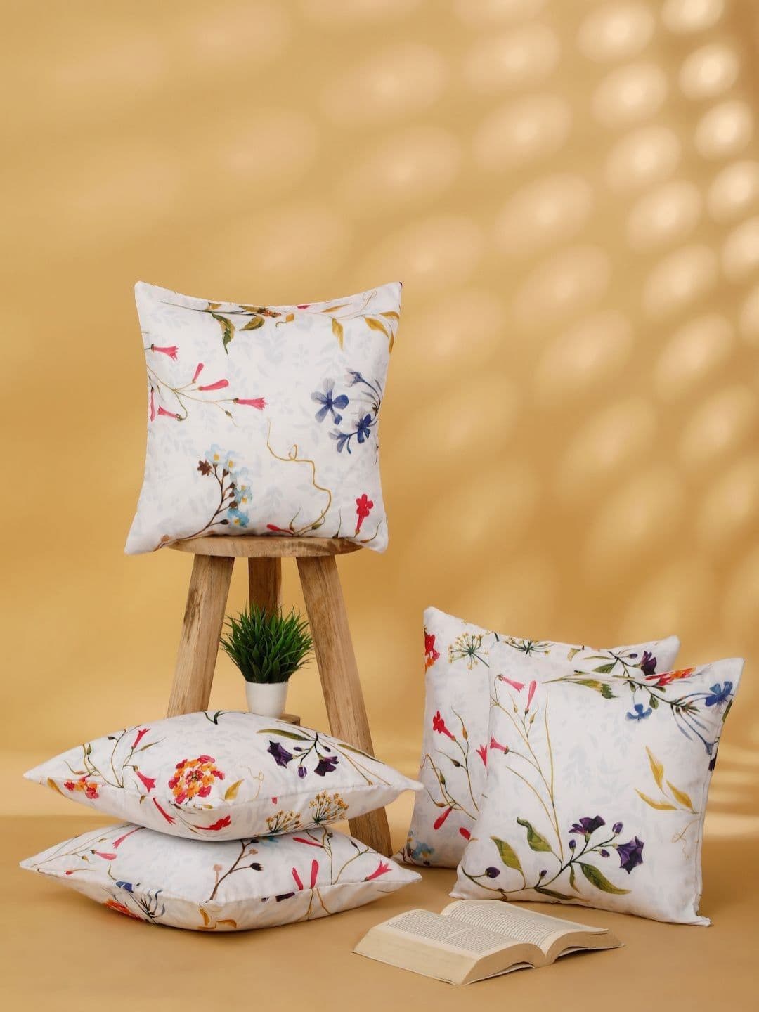 ROSARA HOME White Floral Polyester Double-Sided 5 Piece Square Cushion Covers -16x16In - view 1