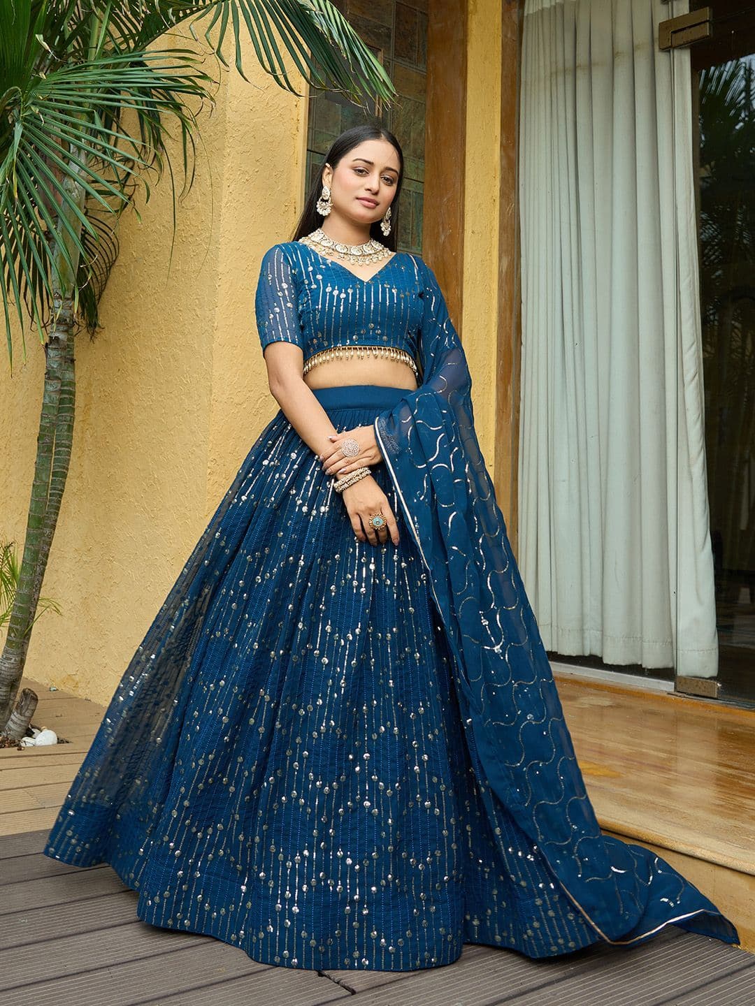 KALINI Embroidered Sequinned Semi Stitched Lehenga & Unstitched Blouse With Dupatta - view 1