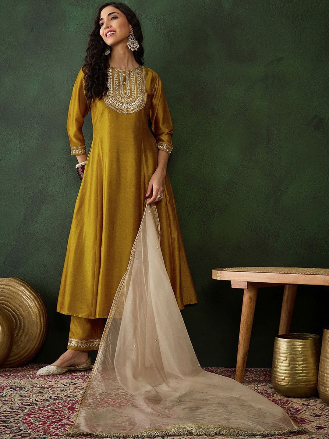 Sangria Mustard Yellow Floral Embroidered Zari A-line Kurta With Trousers & Dupatta - view 1