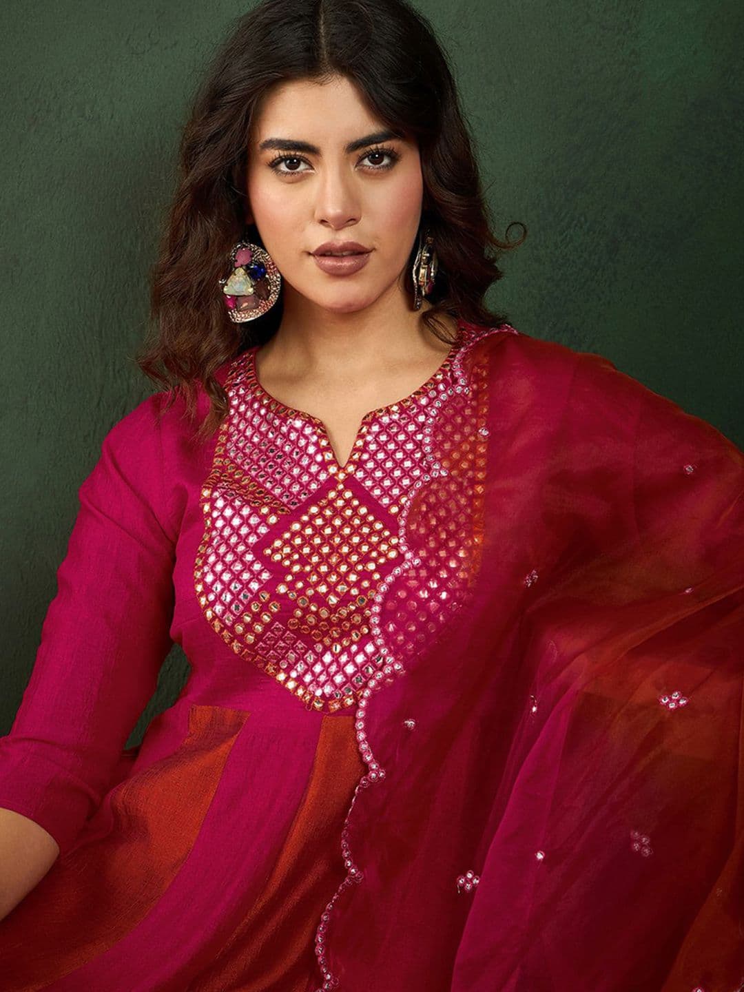 Sangria Pink Embroidered Yoke Design Mirror Work A-Line Kurta With Trousers & Dupatta - view 1