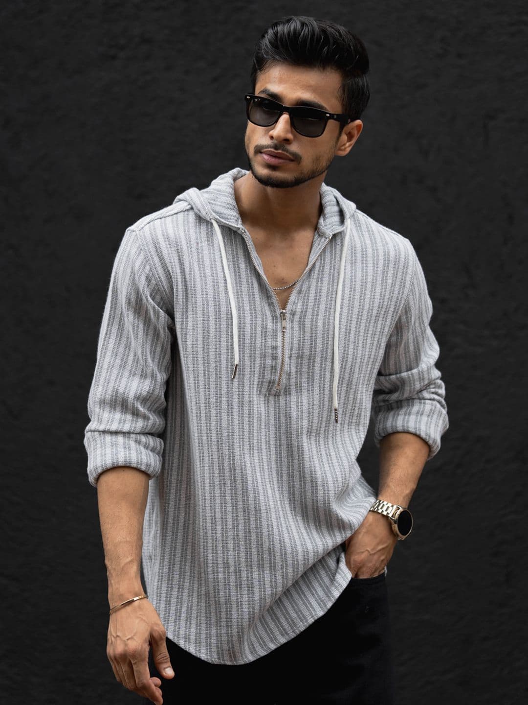 Powerlook Men Hood Vertical Striped Cotton Casual Shirt - view 1