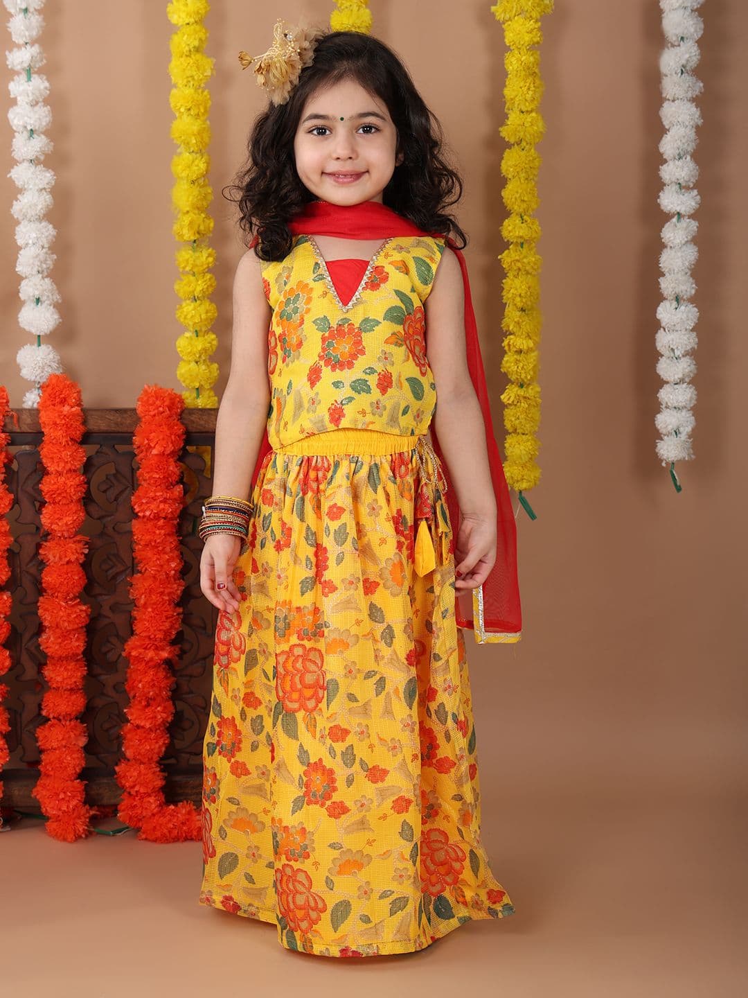 Sangria Girls Floral Printed Gotta Patti Ready to Wear Cotton Lehenga With Choli & Dupatta - view 1