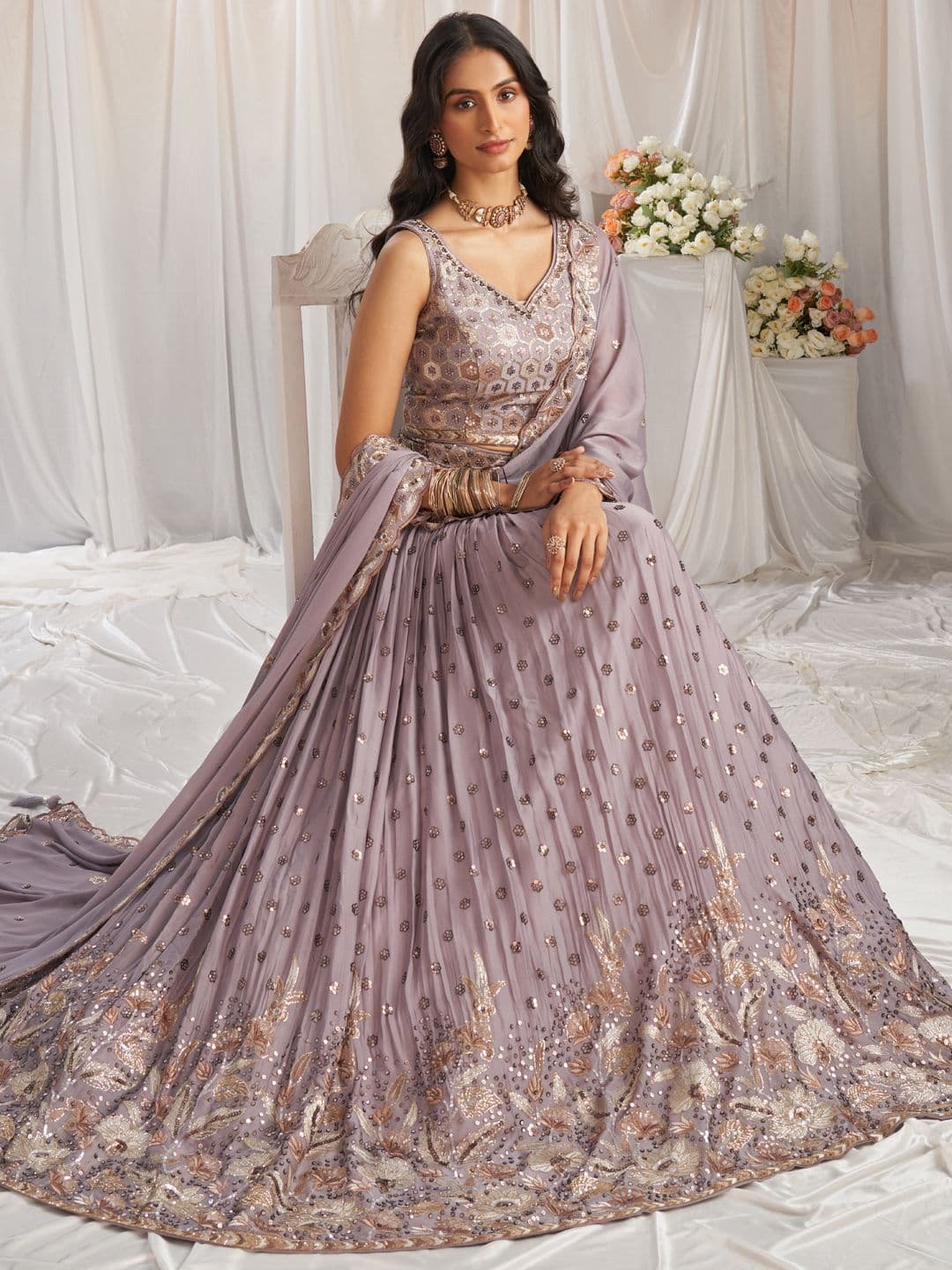 panchhi Embroidered Sequinned Semi Stitched Lehenga & Unstitched Blouse With Dupatta - view 1