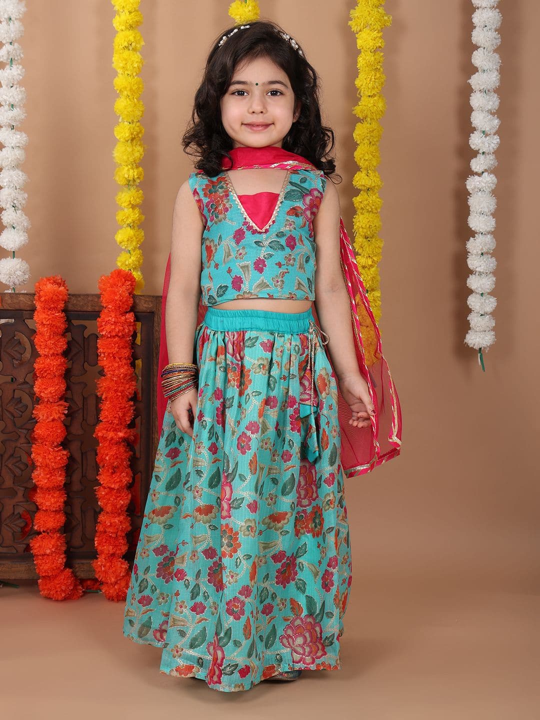 Sangria Girls Floral Printed Gotta Patti Ready to Wear Cotton Lehenga With Choli & Dupatta - view 1
