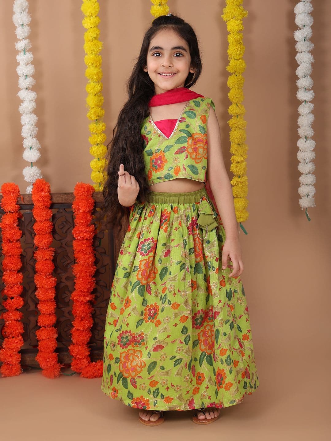 Sangria Girls Floral Printed Gotta Patti Ready to Wear Cotton Lehenga With Choli & Dupatta - view 1
