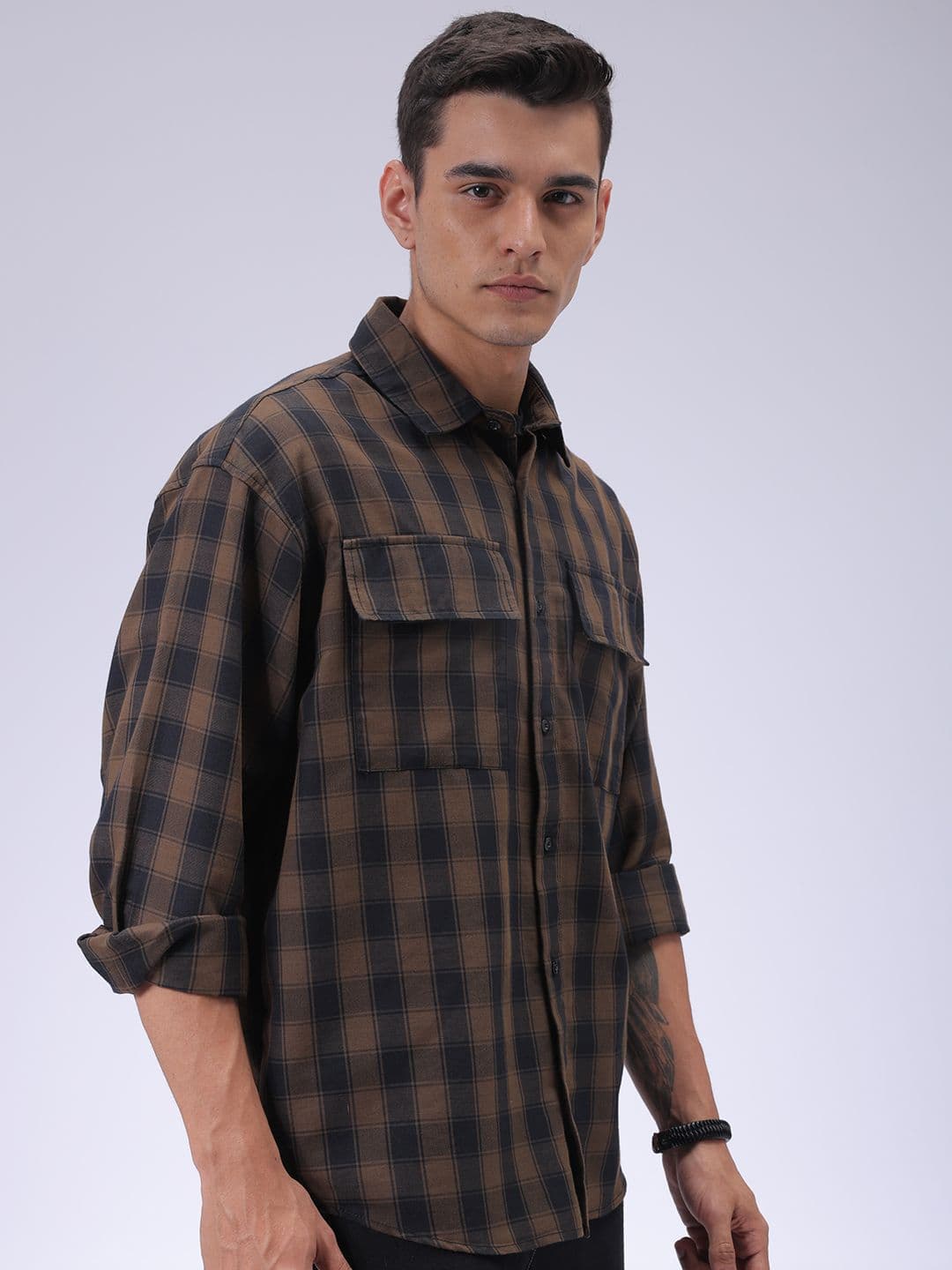 The Indian Garage Co Men Cutaway Collar Checked Cotton Oversized Casual Shirt - view 1