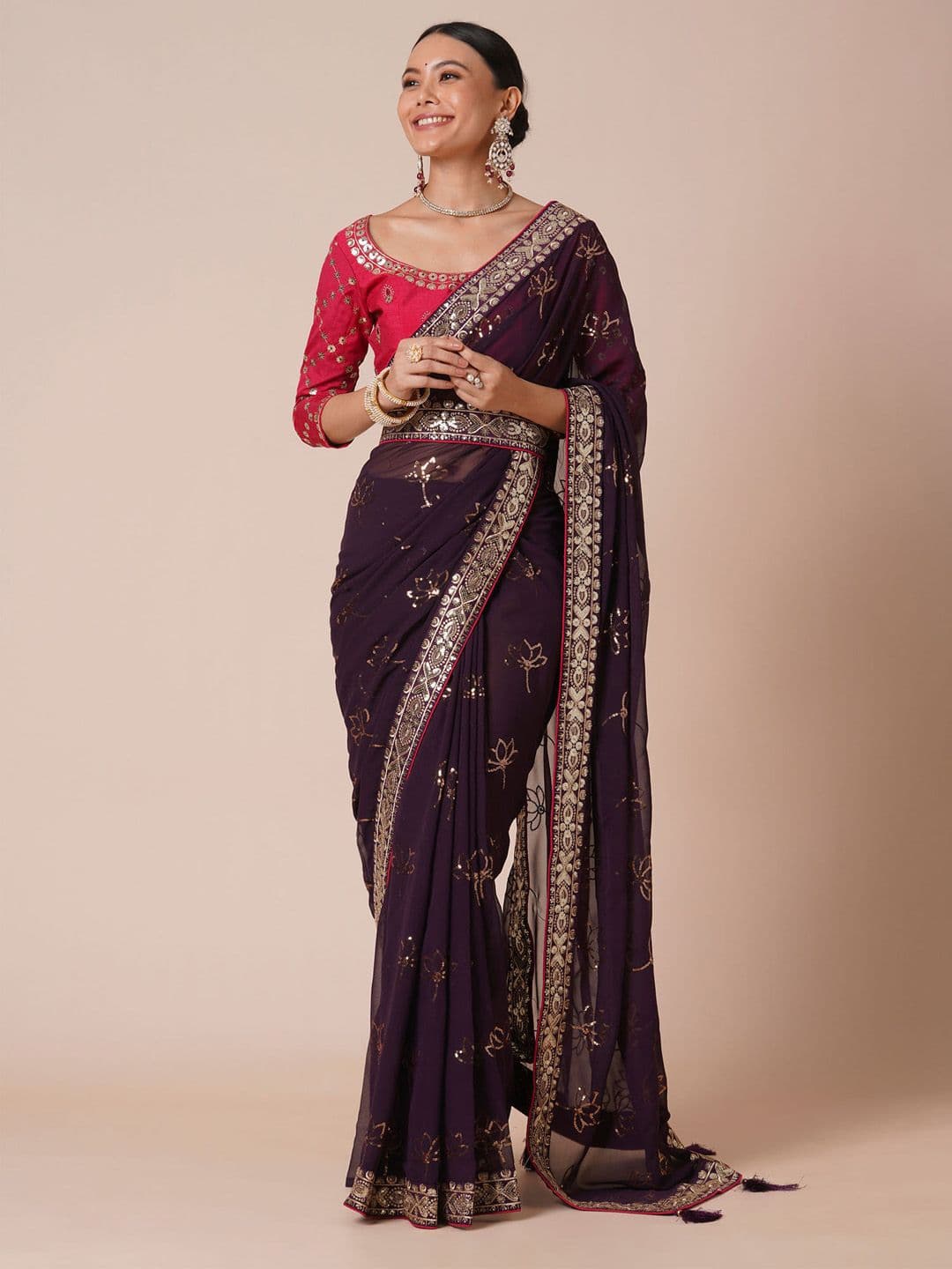 House of Pataudi Sequinned Embellished Saree With Blouse Piece & Designer Belt - view 1