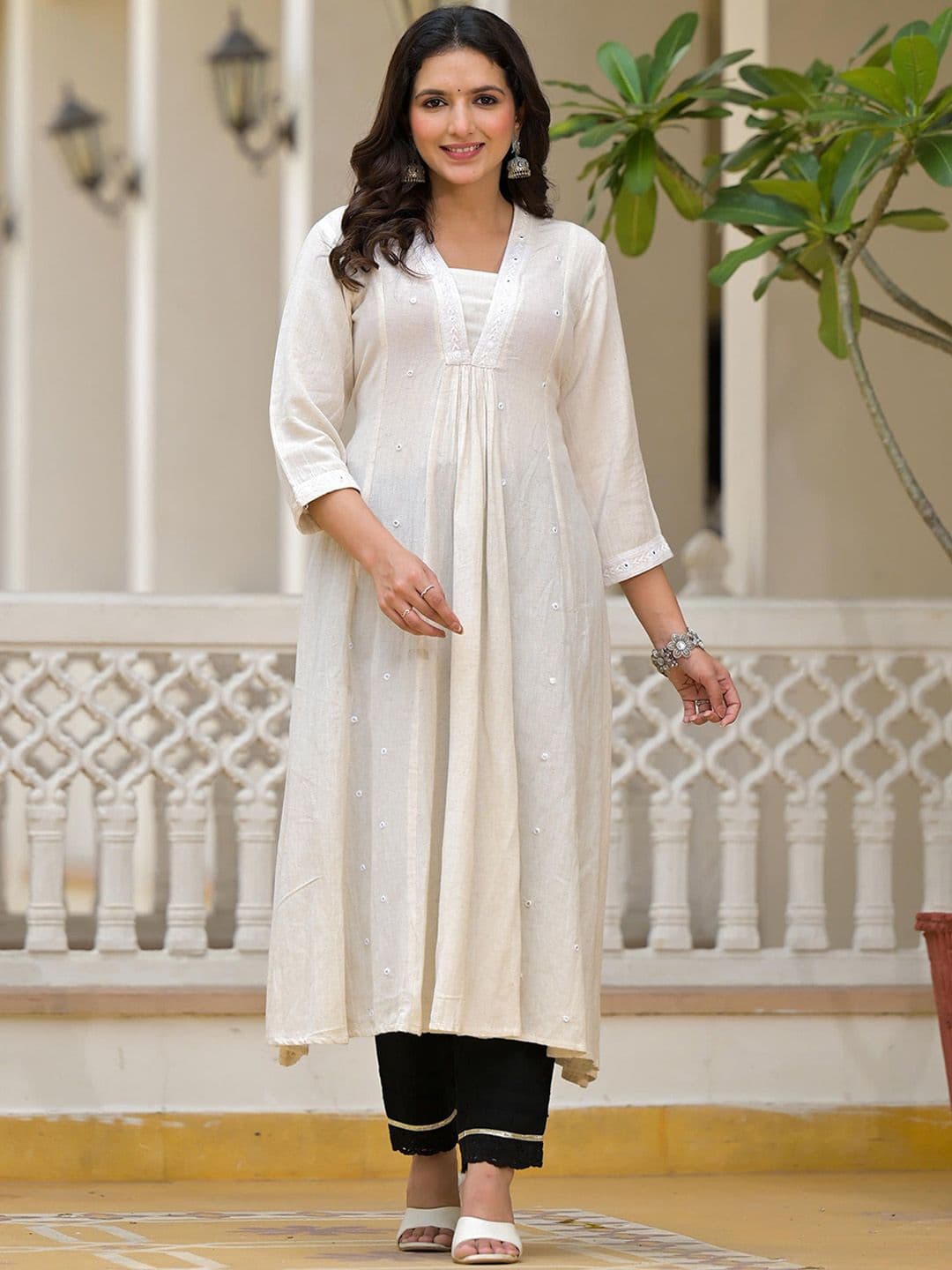 Juniper V-Neck Regular A-Line Mirror Work Straight Kurta - view 1