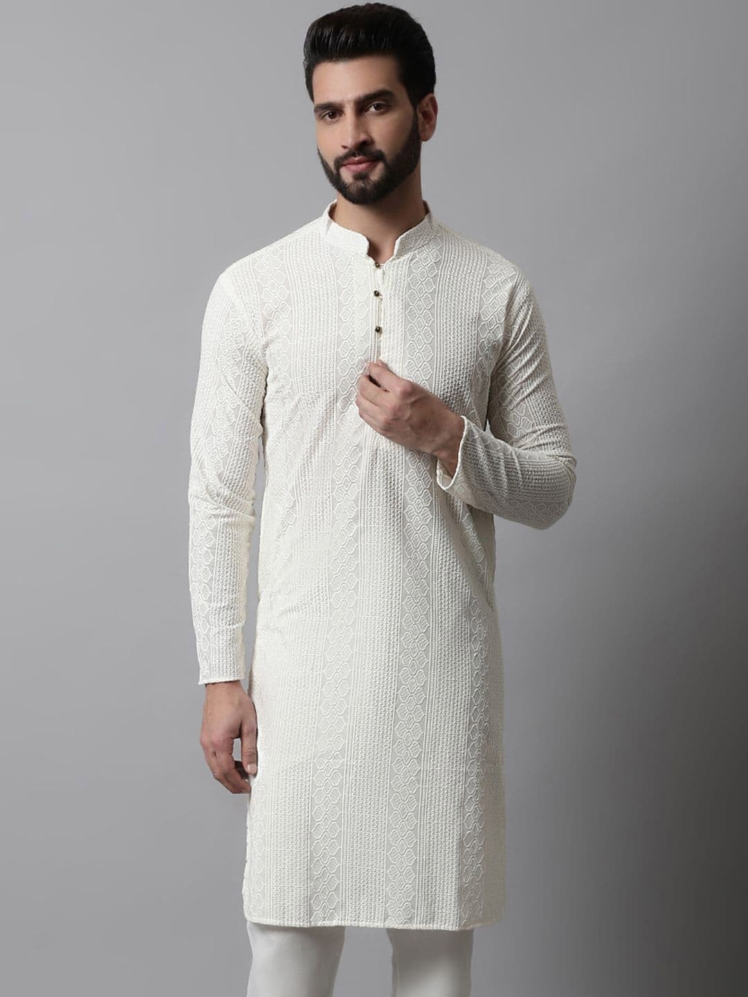 Jompers Men Woven Design Embroidered Cotton Kurta - view 1