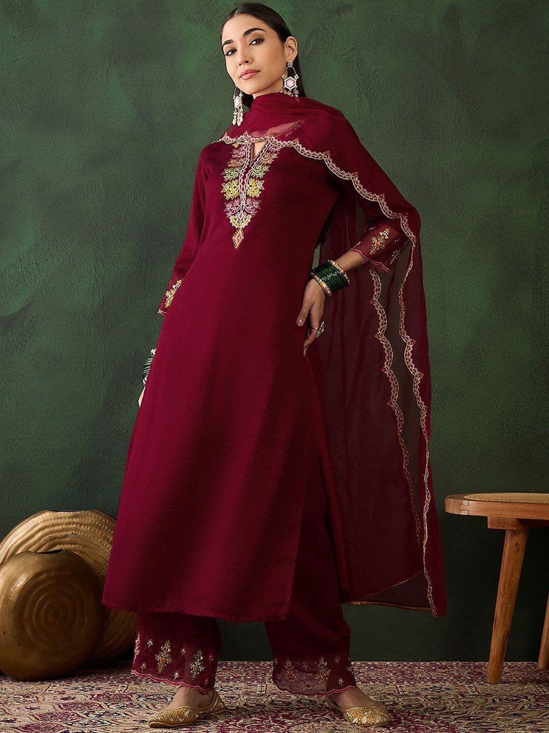 Sangria Women Embroidered Three Quarter Sleeves Kurta & Trousers With Dupatta - view 1