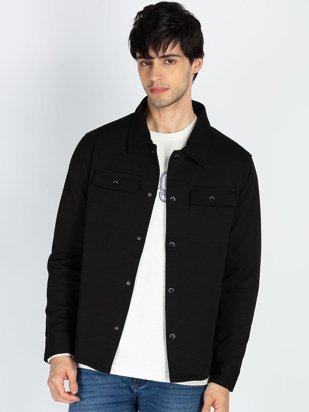 Status Quo Men Spread Collar Denim Jacket with Embroidered - view 1