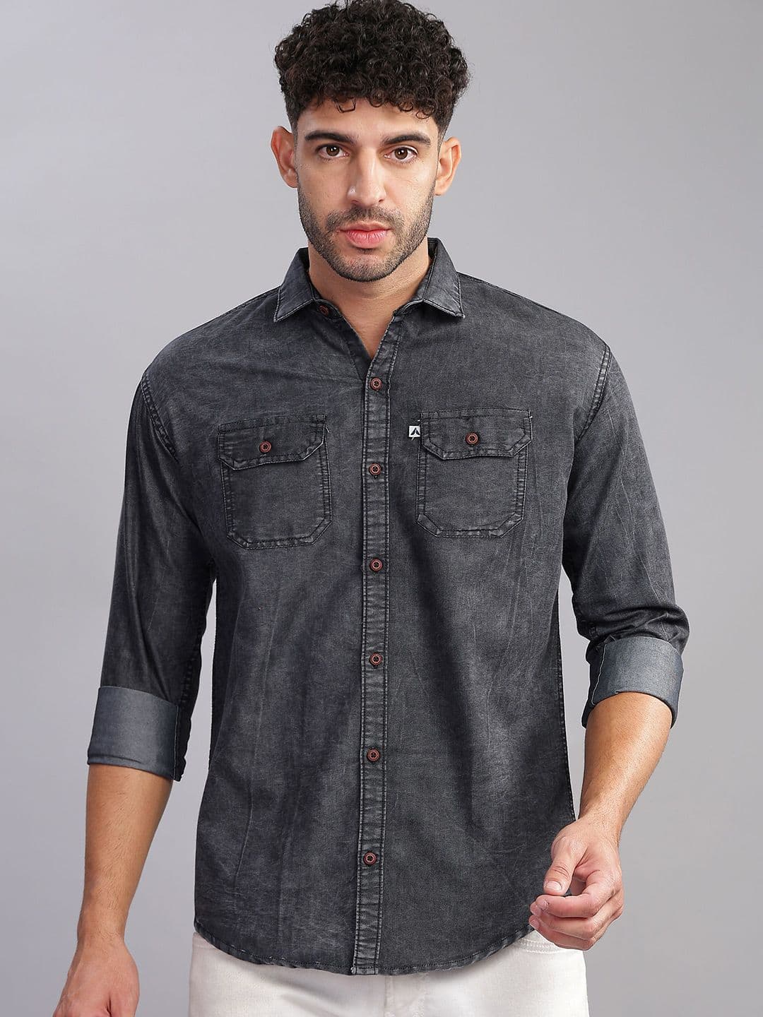 AIDAN PAUL Men Relaxed Cutaway Collar Faded Denim Casual Shirt - view 1