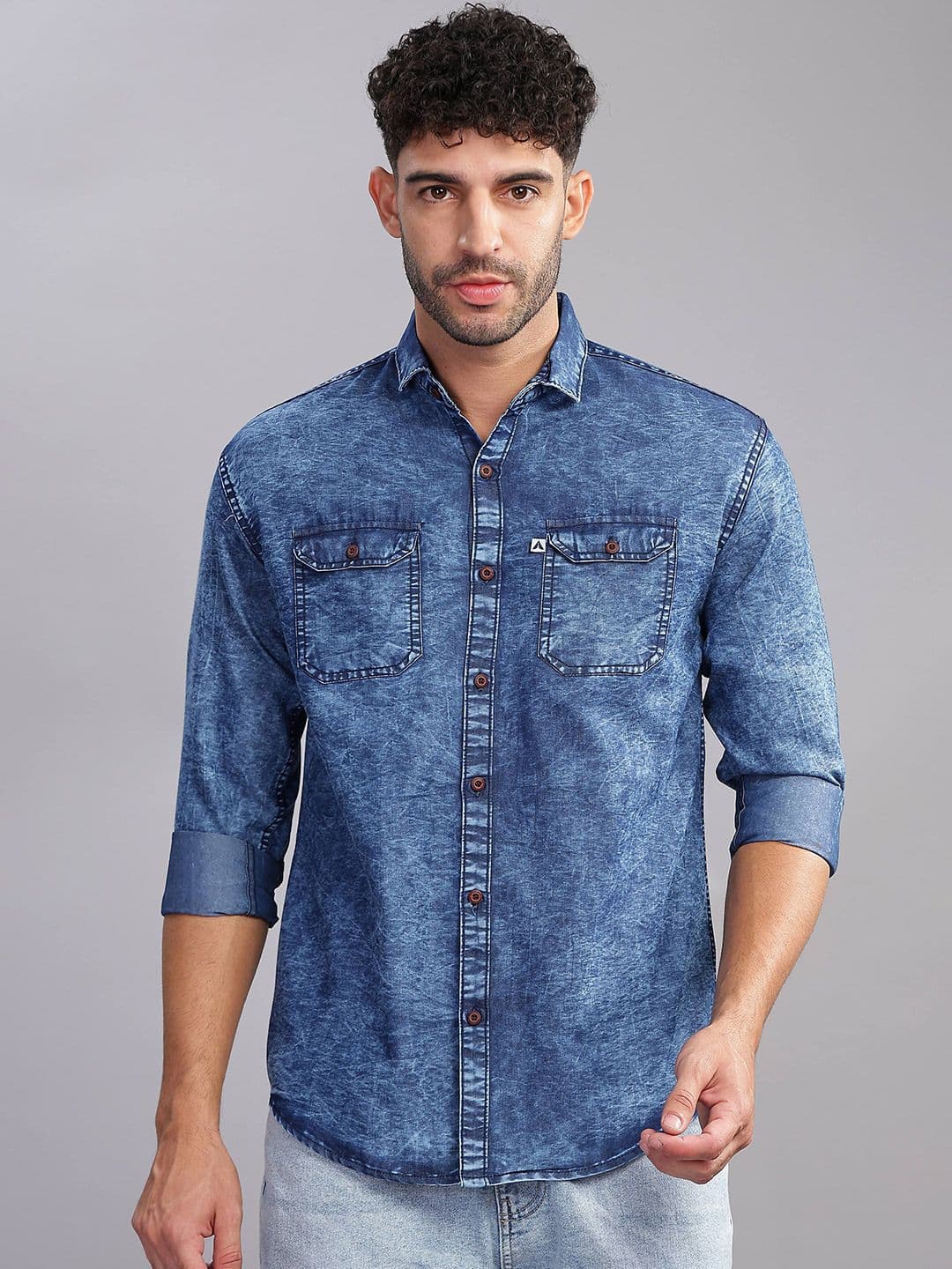 AIDAN PAUL Men Relaxed Fit Cutaway Collar Faded Denim Casual Shirt - view 1