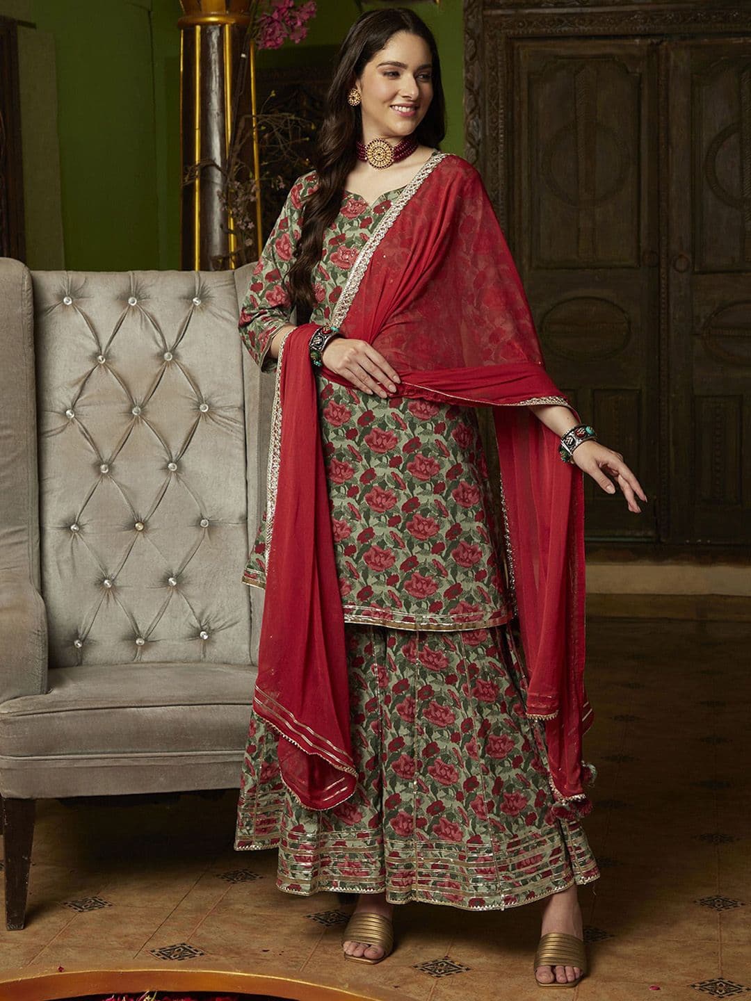 BANDIA Women Floral Embroidered Empire Pure Cotton Kurta with Trousers & Dupatta - view 1