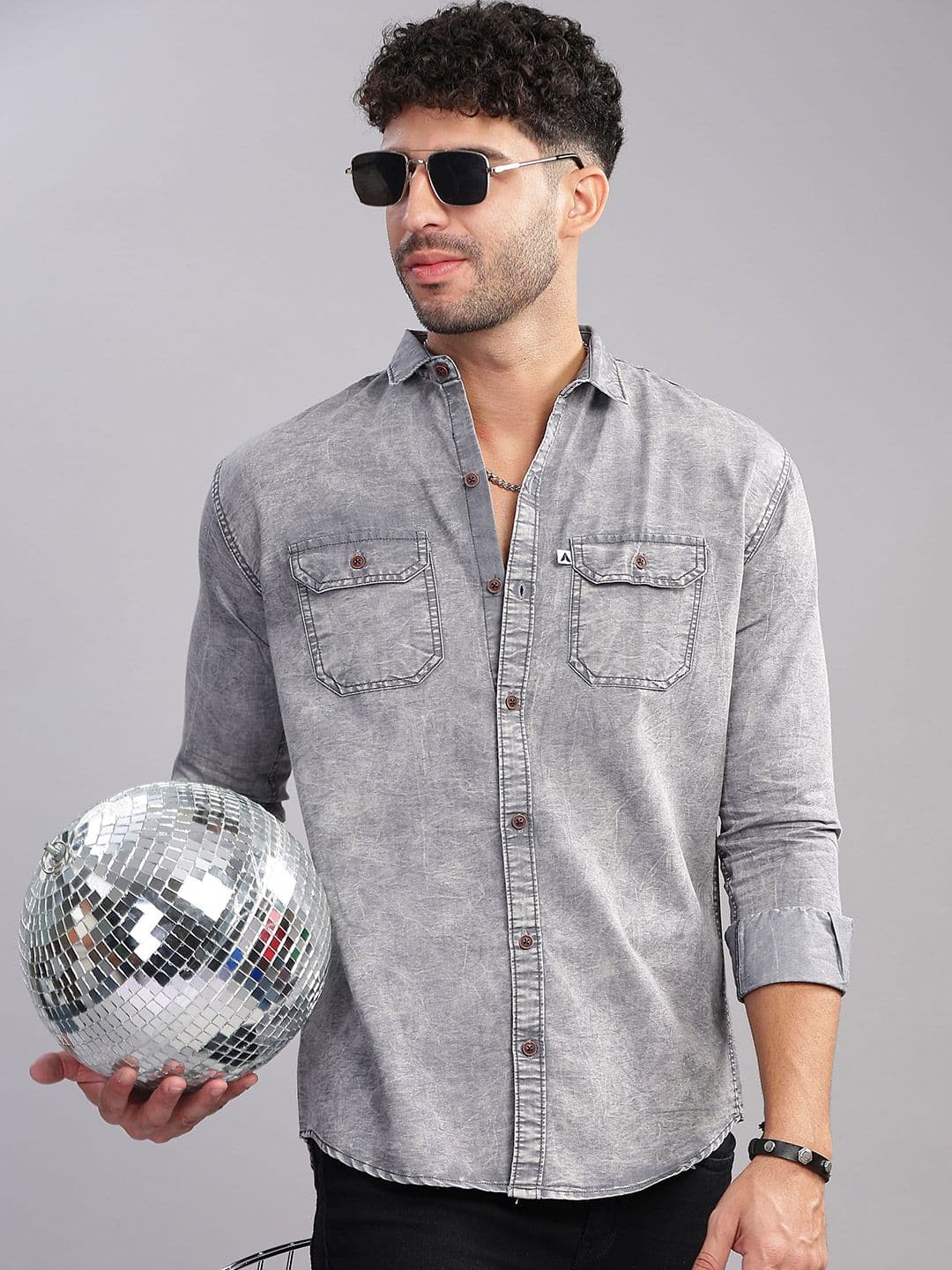 AIDAN PAUL Men Relaxed Cutaway Collar Faded Denim Casual Shirt - view 1