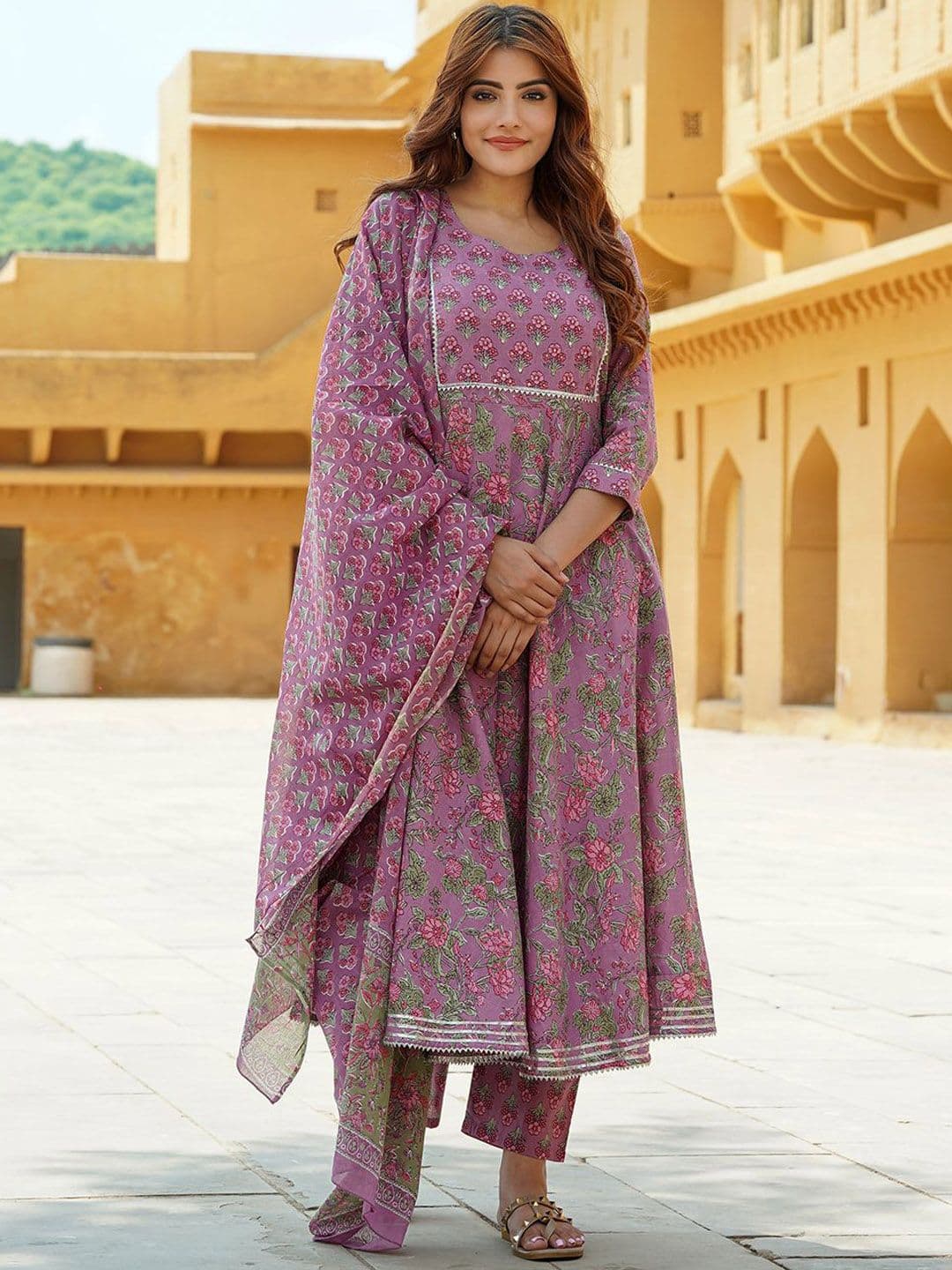 KALINI Floral Printed Gotta Patti Pure Cotton Anarkali Kurta With Trousers & Dupatta - view 1