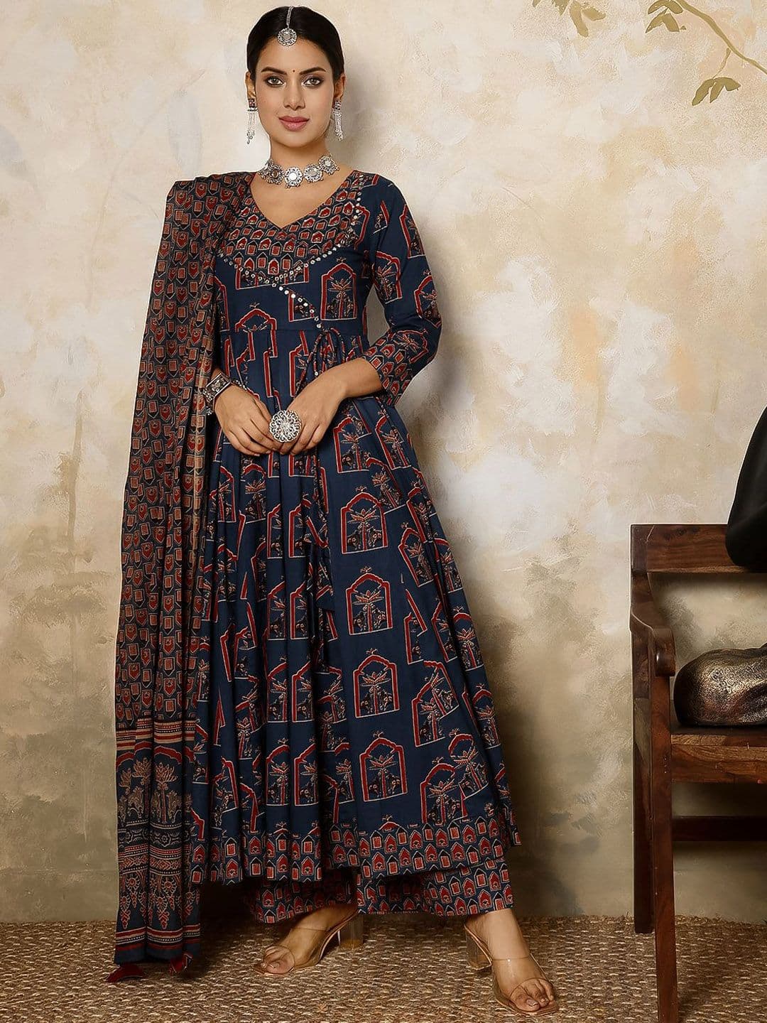 GULMOHAR JAIPUR Flared Printed Kurta Palazzo Set With Dupatta - view 1