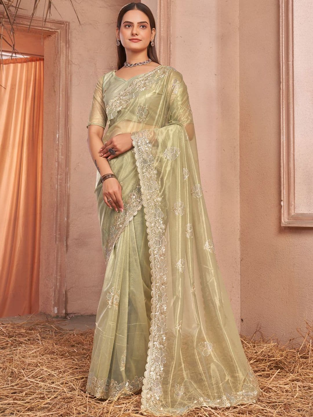 Mitera Embellished Embroidered Net Saree With Unstitched Blouse Piece - view 1