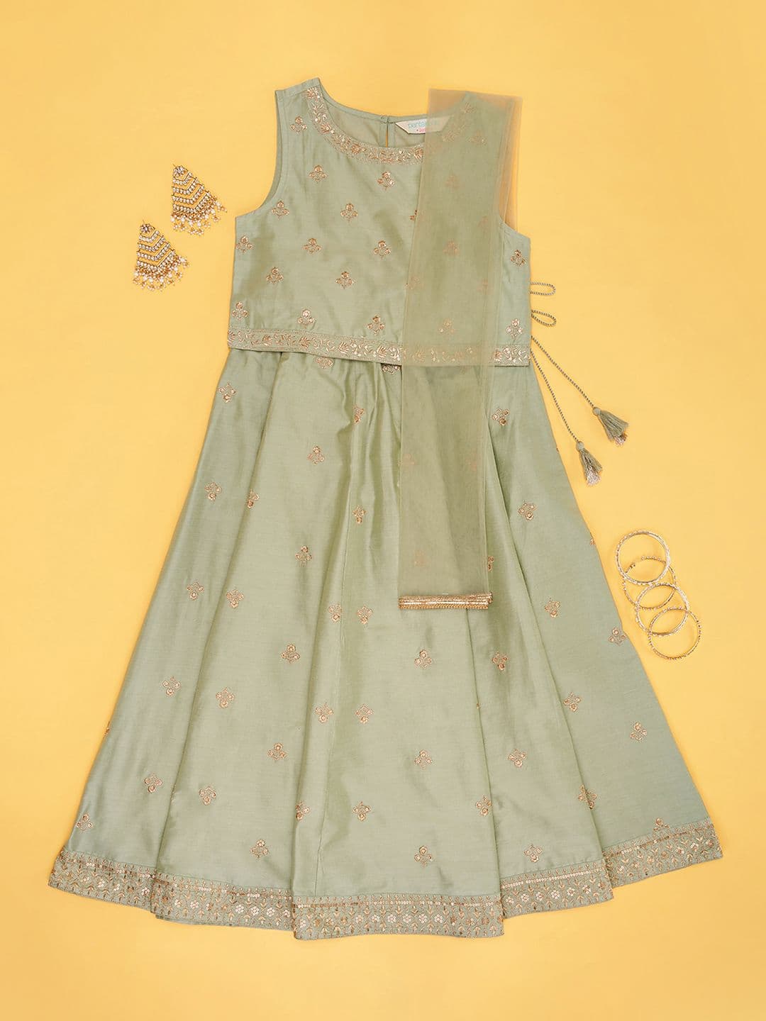 AKKRITI BY PANTALOONS Girls Cotton Embroidered Ready to Wear Lehenga & Blouse With Dupatta - view 1