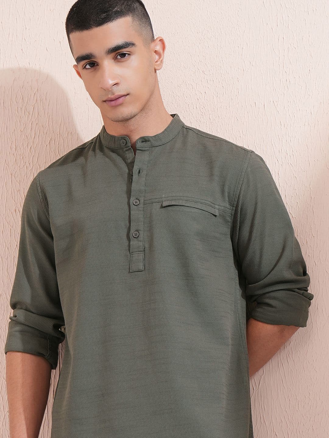 HIGHLANDER Men Dark Olive Dobby Textured Mandarin Collar Casual Shirt - view 1
