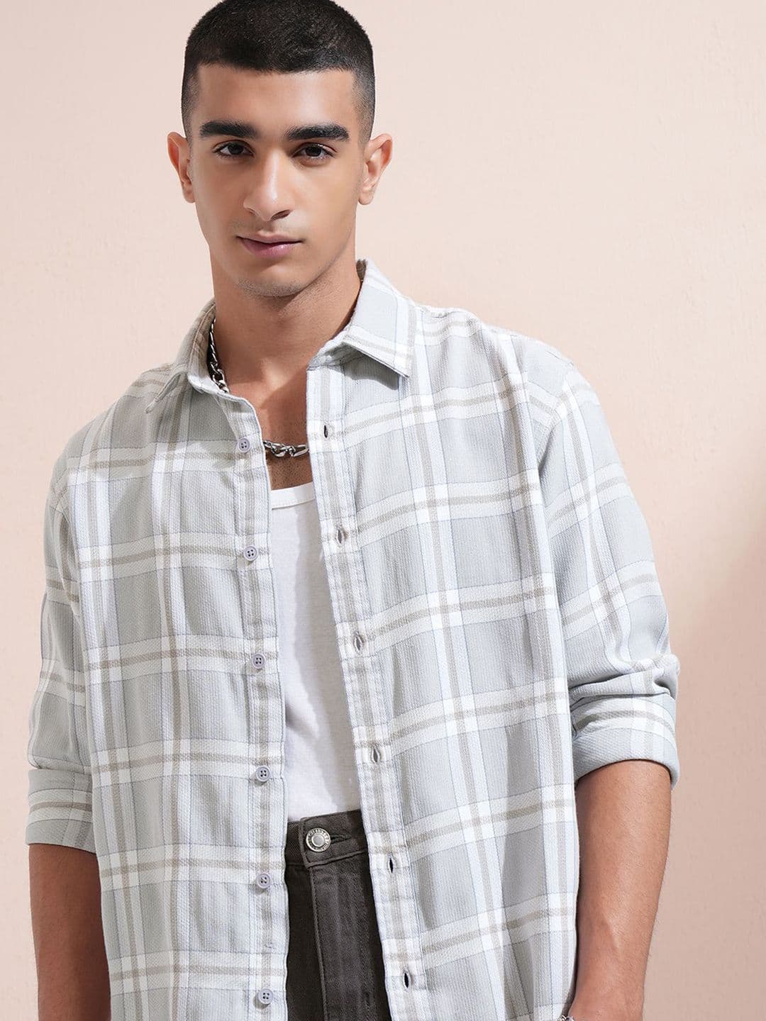 Highlander Men Dobby Textured Checked Oversized Overshirt - view 1