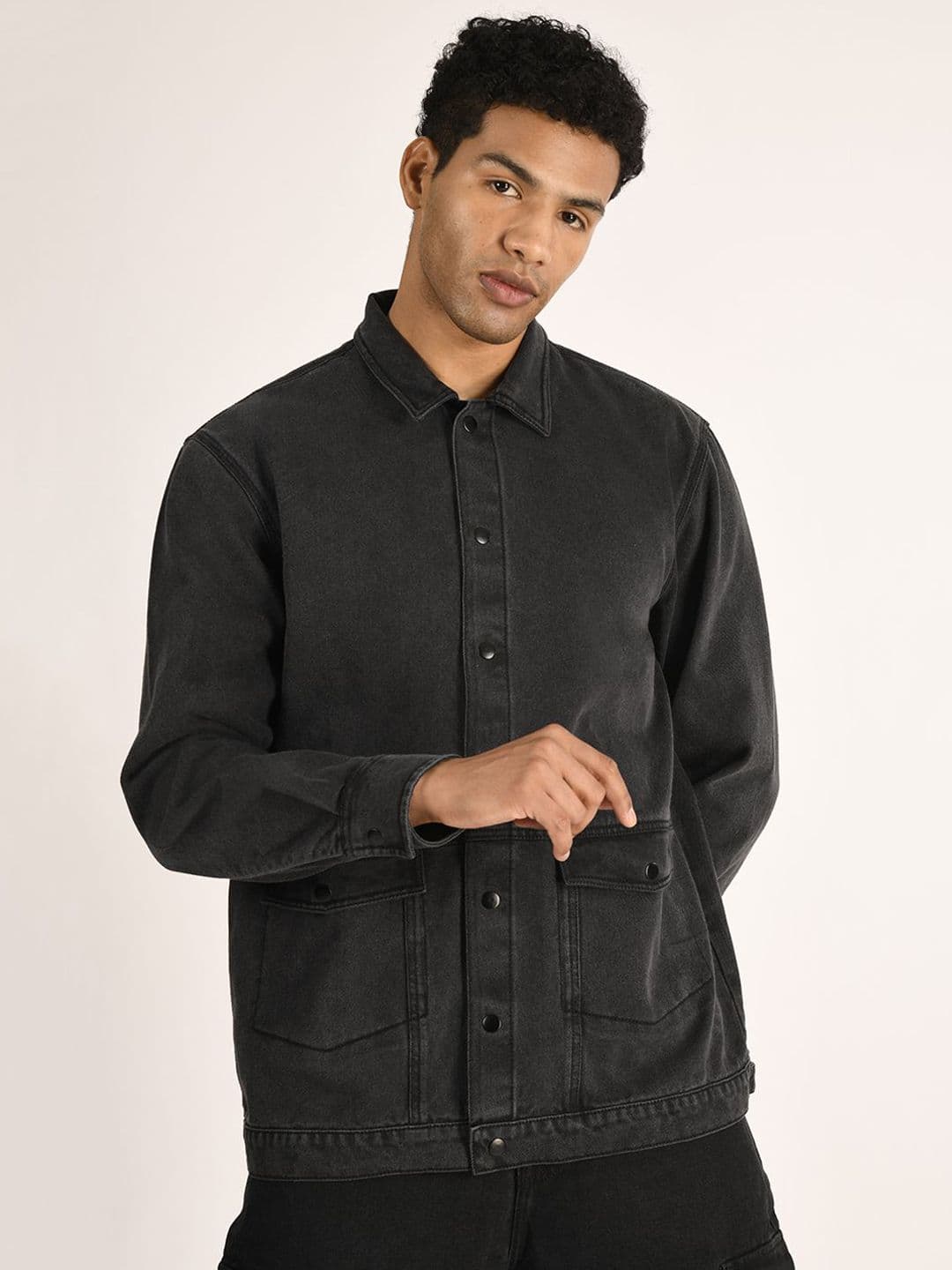 The Roadster Lifestyle Co. Charcoal Spread Collar Pure Cotton Relaxed-Fit Denim Jacket