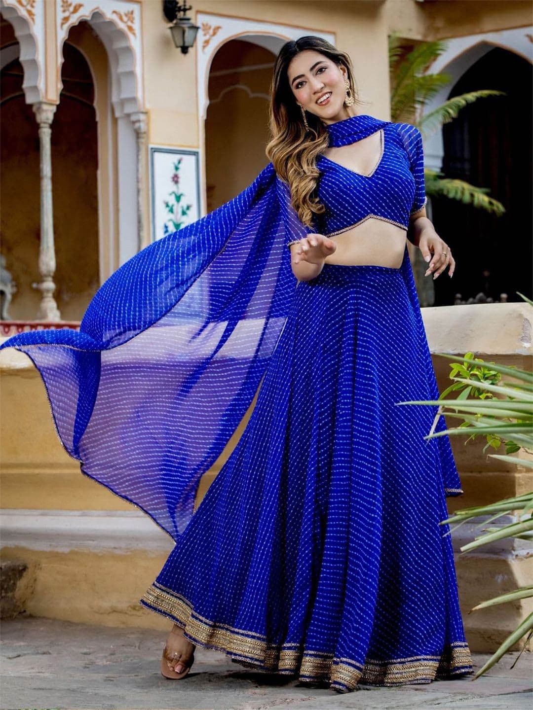 ODETTE Leheriya Lace Zari Semi-Stitched Lehenga & Unstitched Blouse With Dupatta - view 1