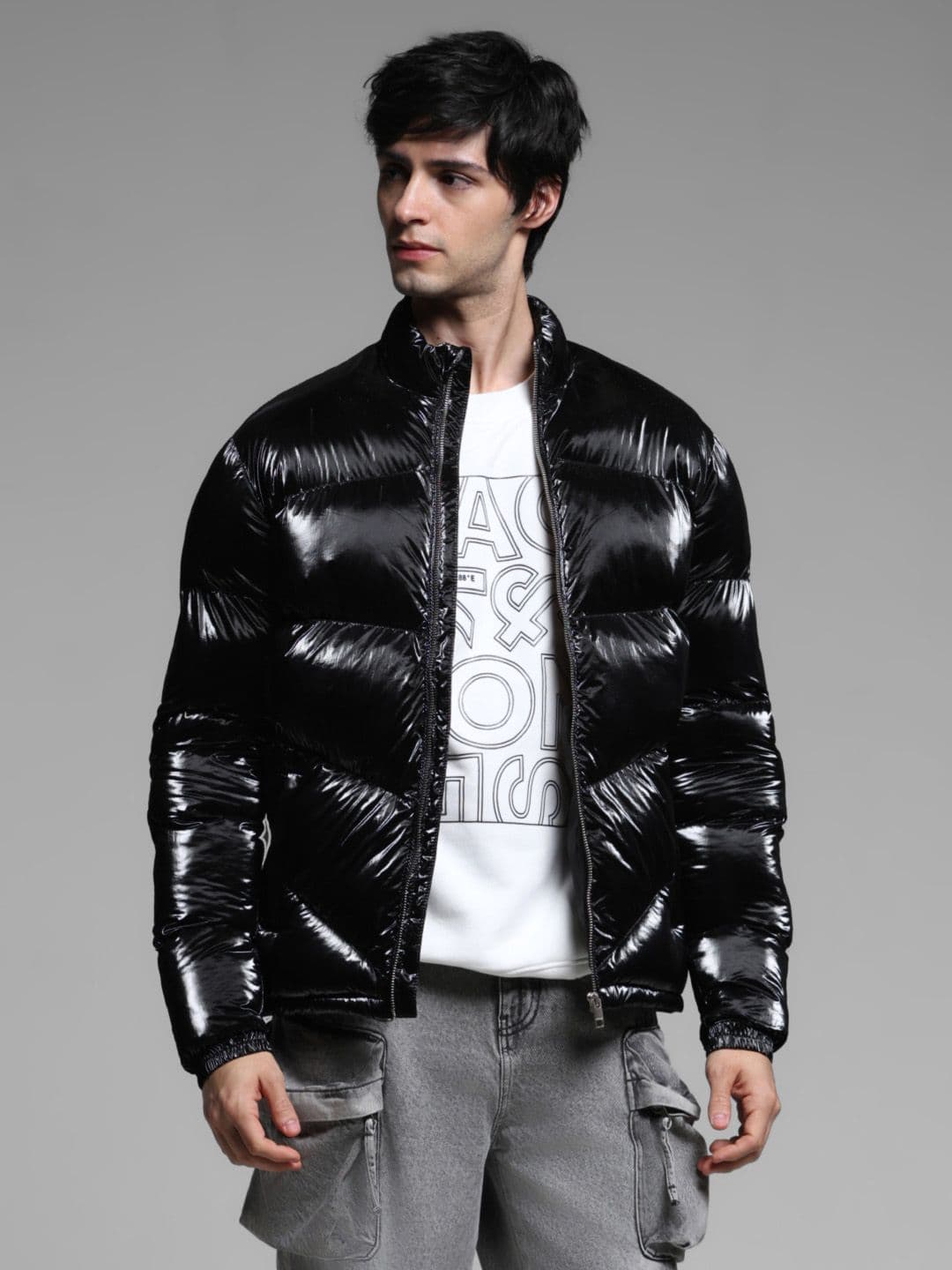 Jack & Jones Men Mock Collar Solid Casual Puffer Jacket - view 1