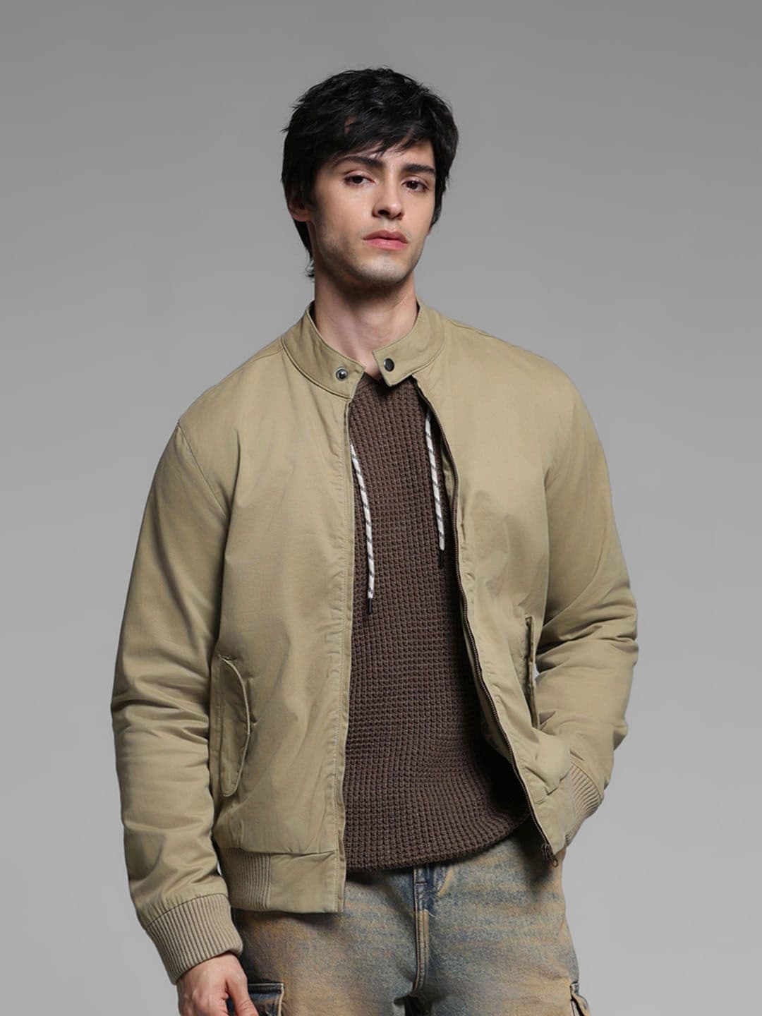 Jack & Jones Men Mock Collar Solid Cotton Casual Bomber Jacket - view 1