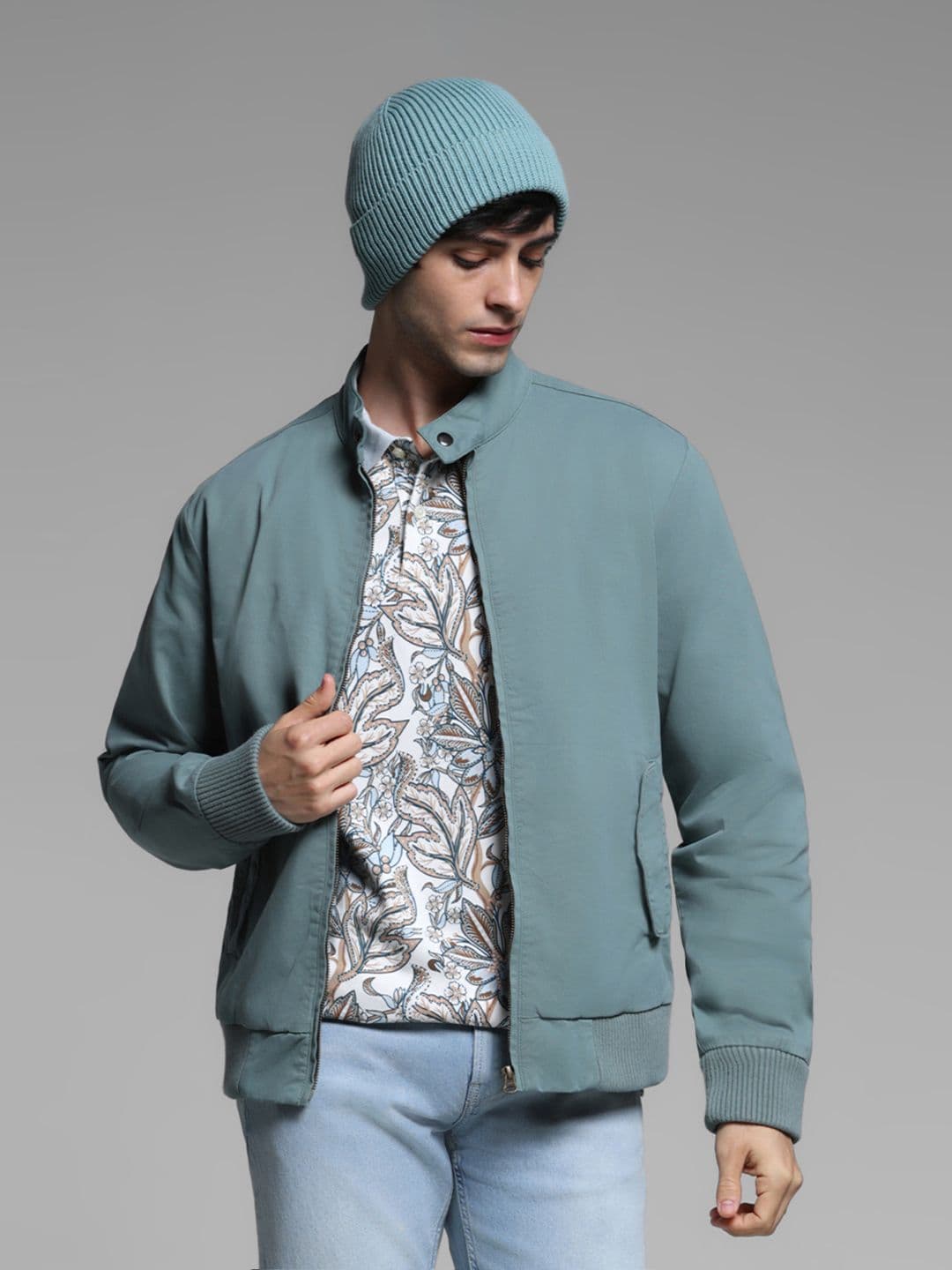 Jack & Jones Men Mock Collar Solid Cotton Casual Bomber Jacket - view 1