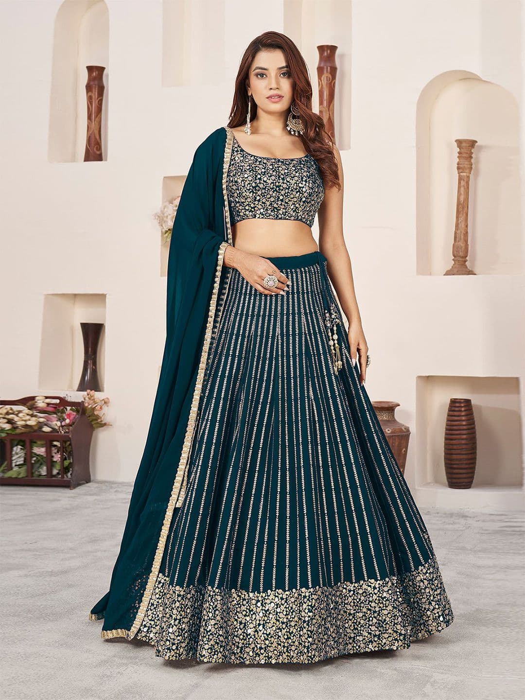 ODETTE Embellished Sequinned Georgette Semi-Stitched Lehenga & Blouse With Dupatta - view 1
