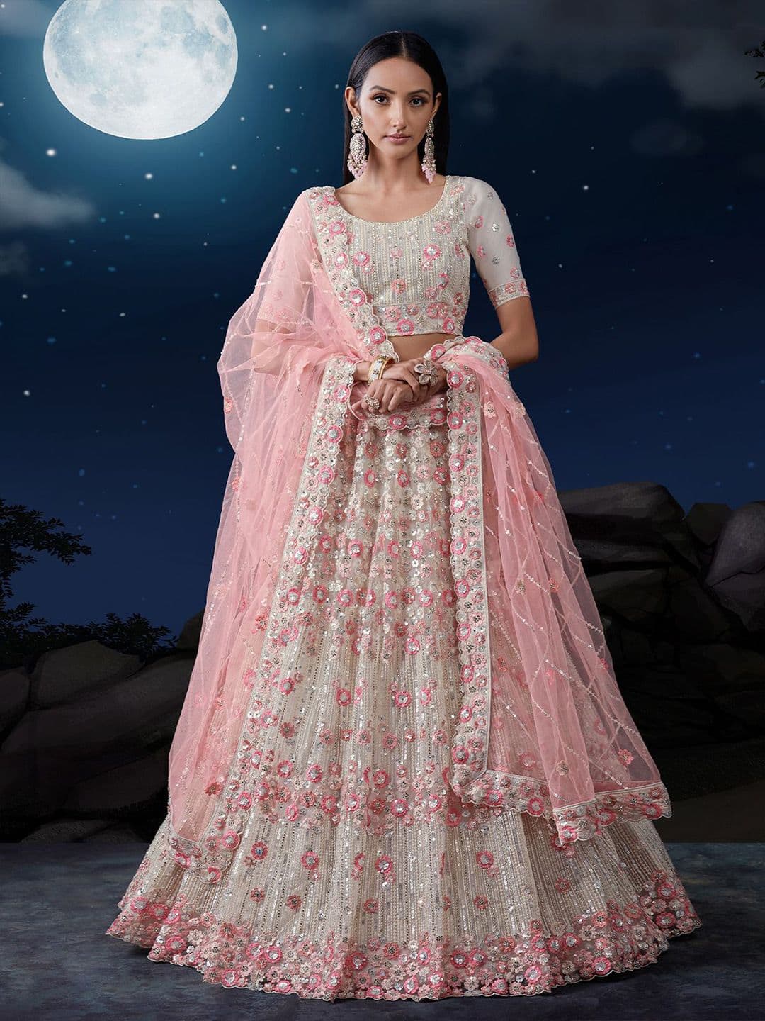 ODETTE Floral Embroidered Sequinned Semi-Stitched Lehenga & Blouse With Dupatta - view 1