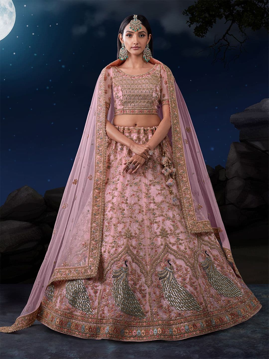 ODETTE Embroidered Sequinned Net Semi-Stitched Lehenga & Blouse With Dupatta - view 1