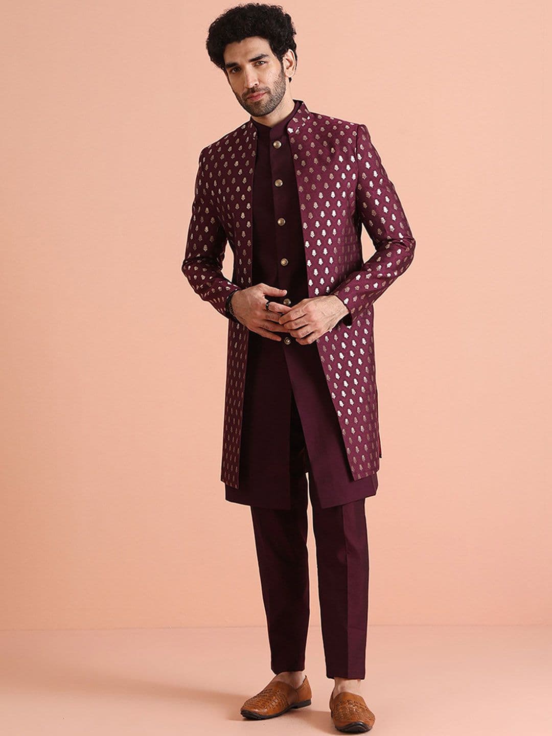 KISAH Men Jacquard Regular Fit Woven Design Jacket Sherwani Trouser Set