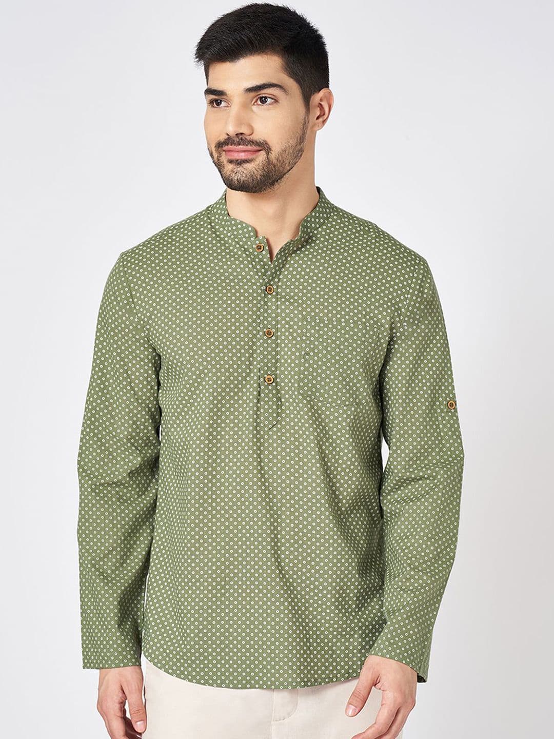 indus route by Pantaloons Bandhani Printed Mandarin Collar Pure Cotton Kurta - view 1