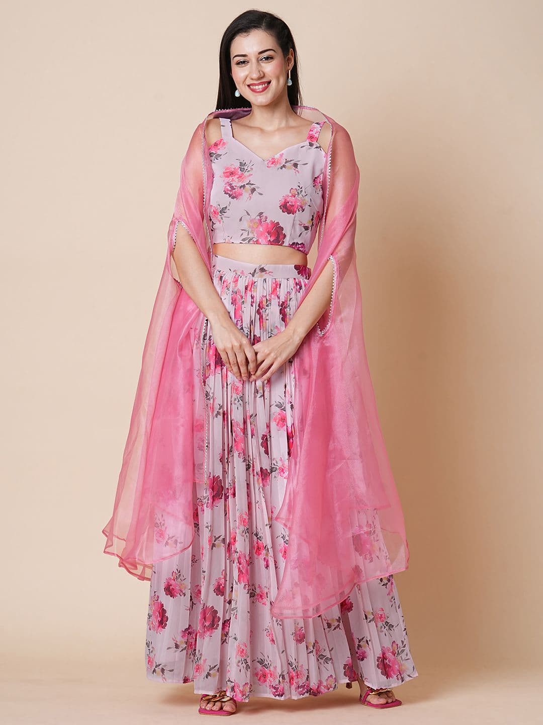 BAPS Printed V-Neck Ready to Wear Lehenga & Blouse with Shrug - view 1