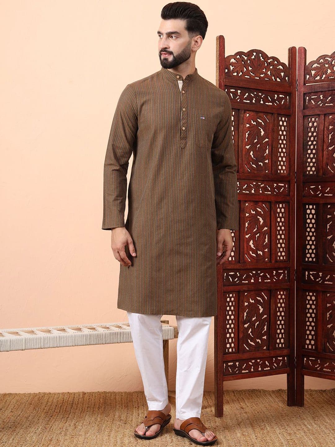 Latest Chikan Garments Striped Woven Design Mandarin Collar Straight Kurta - view 1