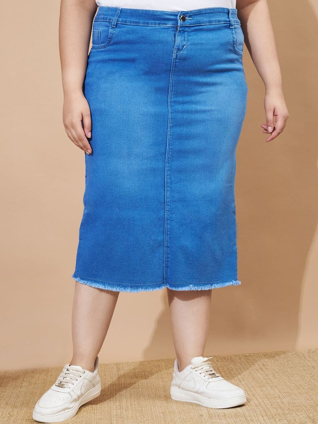 Purple Feather Denim Pencil Midi Skirt - view 1