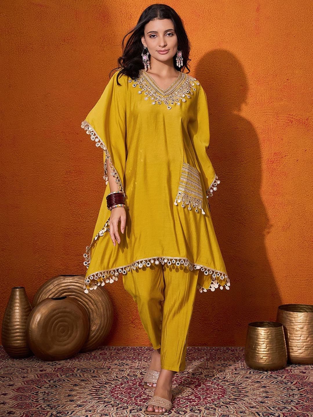 Sangria V-Neck Short Sleeves Regular Mirror Work A-Line Kaftan With Trouser - view 1