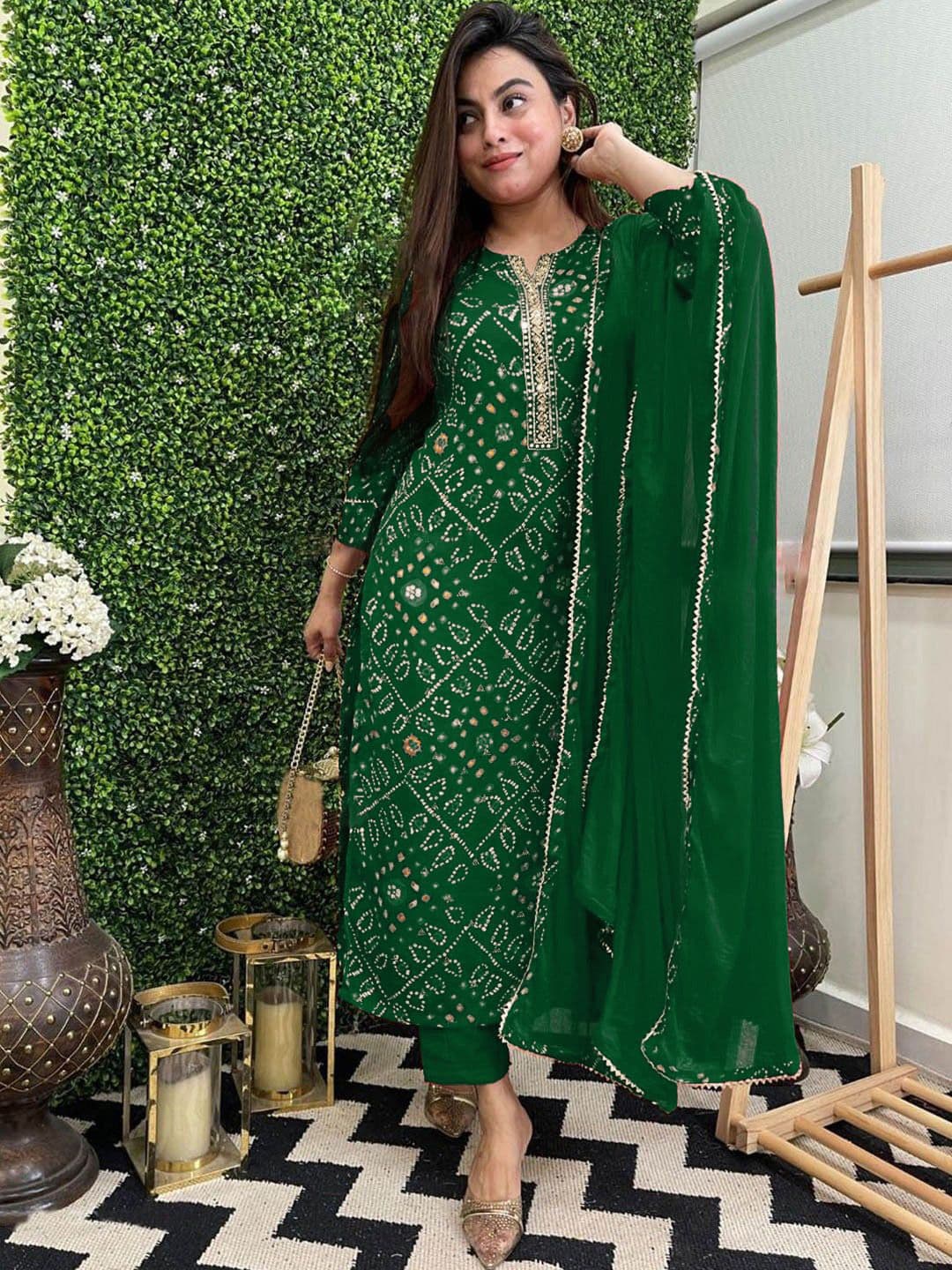 GoSriKi Bandhani Printed Mirror Work Straight Kurta With Trouser & Dupatta - view 1