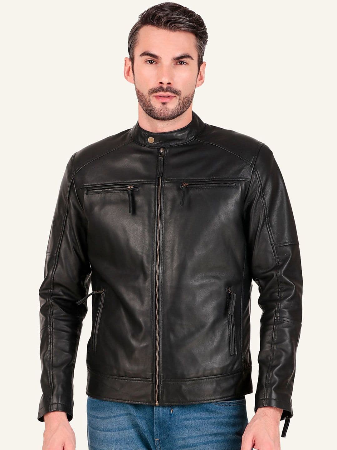 Leather Retail Men Solid Leather Biker Jacket - view 1