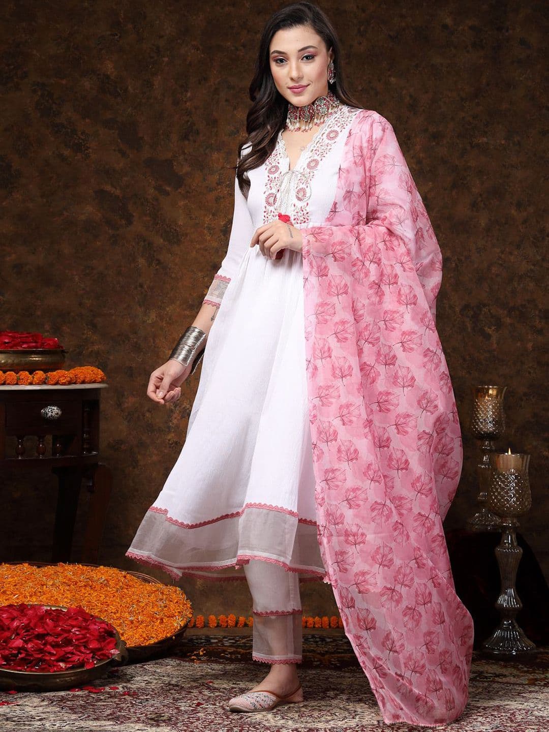 Stylum White & Pink Floral Embroidered Anarkali Kurta with Trousers & With Dupatta - view 1