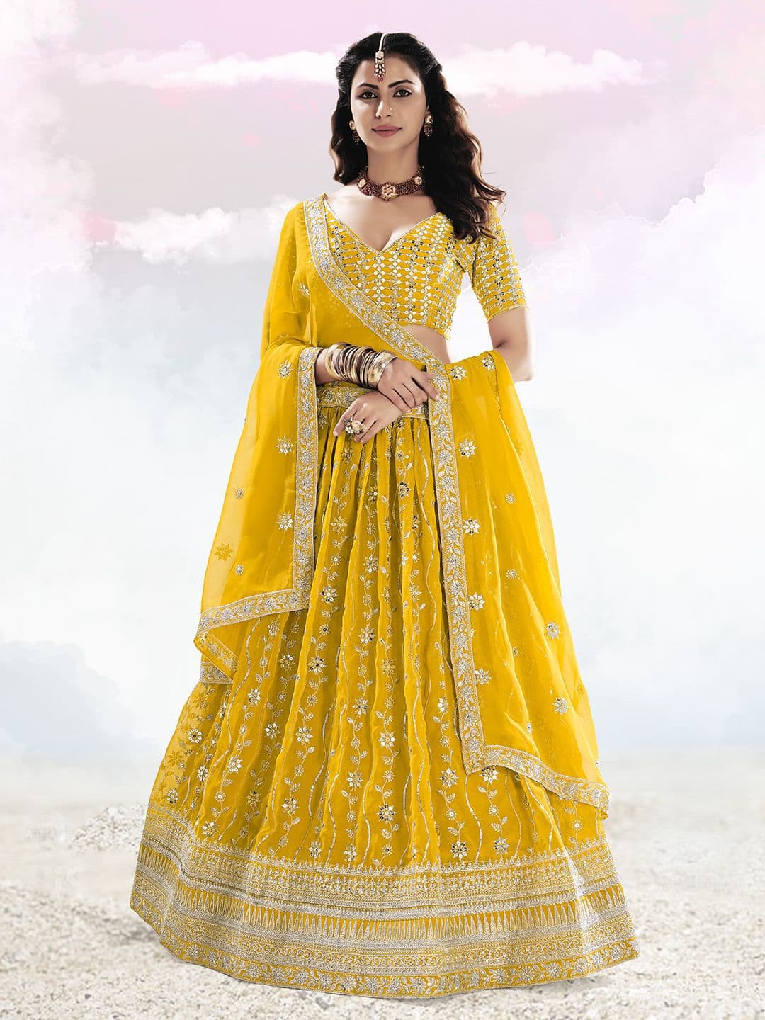 Shee Star Embroidered Sequinned Semi-Stitched Lehenga & Unstitched Blouse With Dupatta - view 1