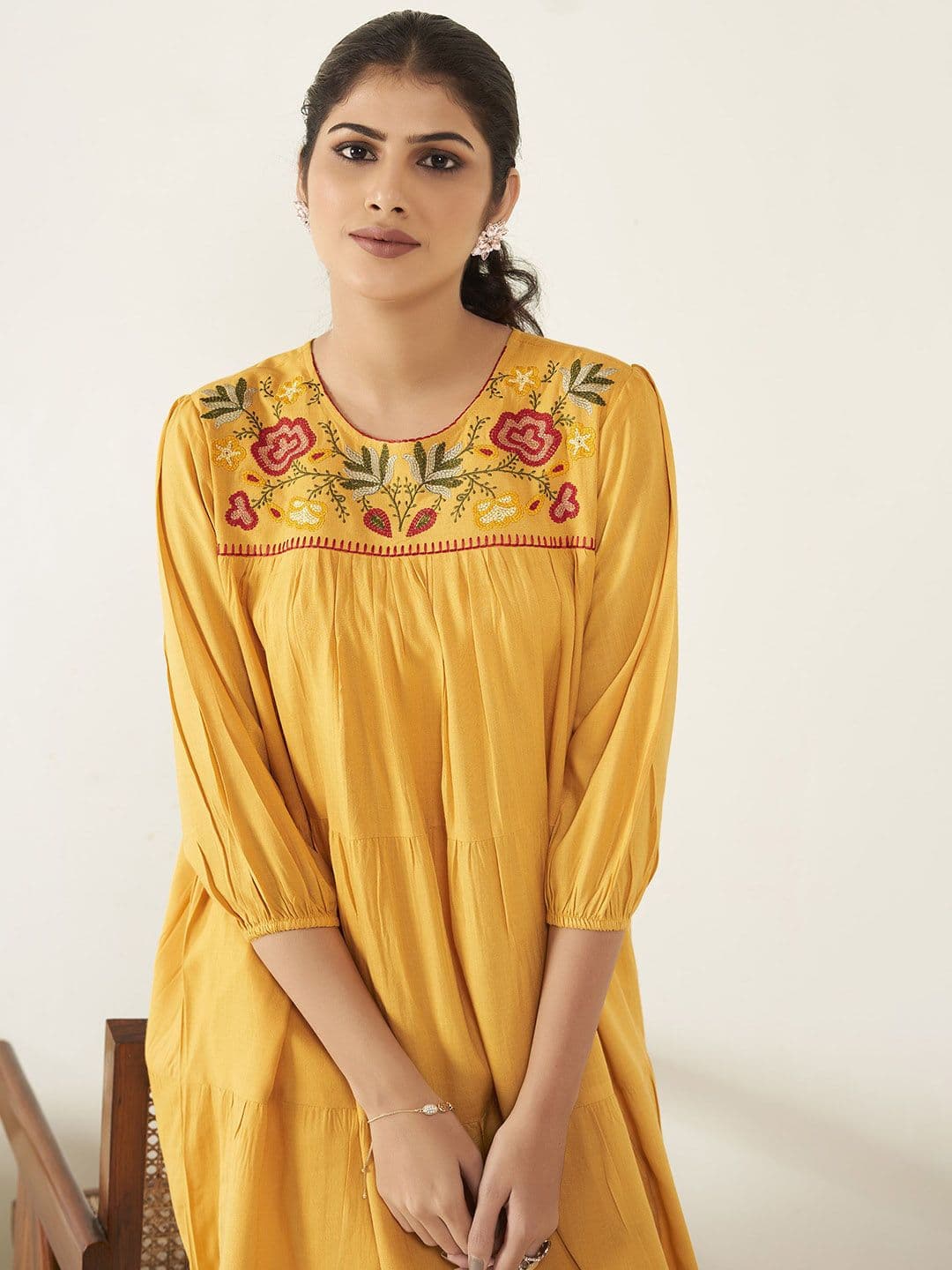 Anouk Yellow Floral Embroidered A-Line Kurta - view 1