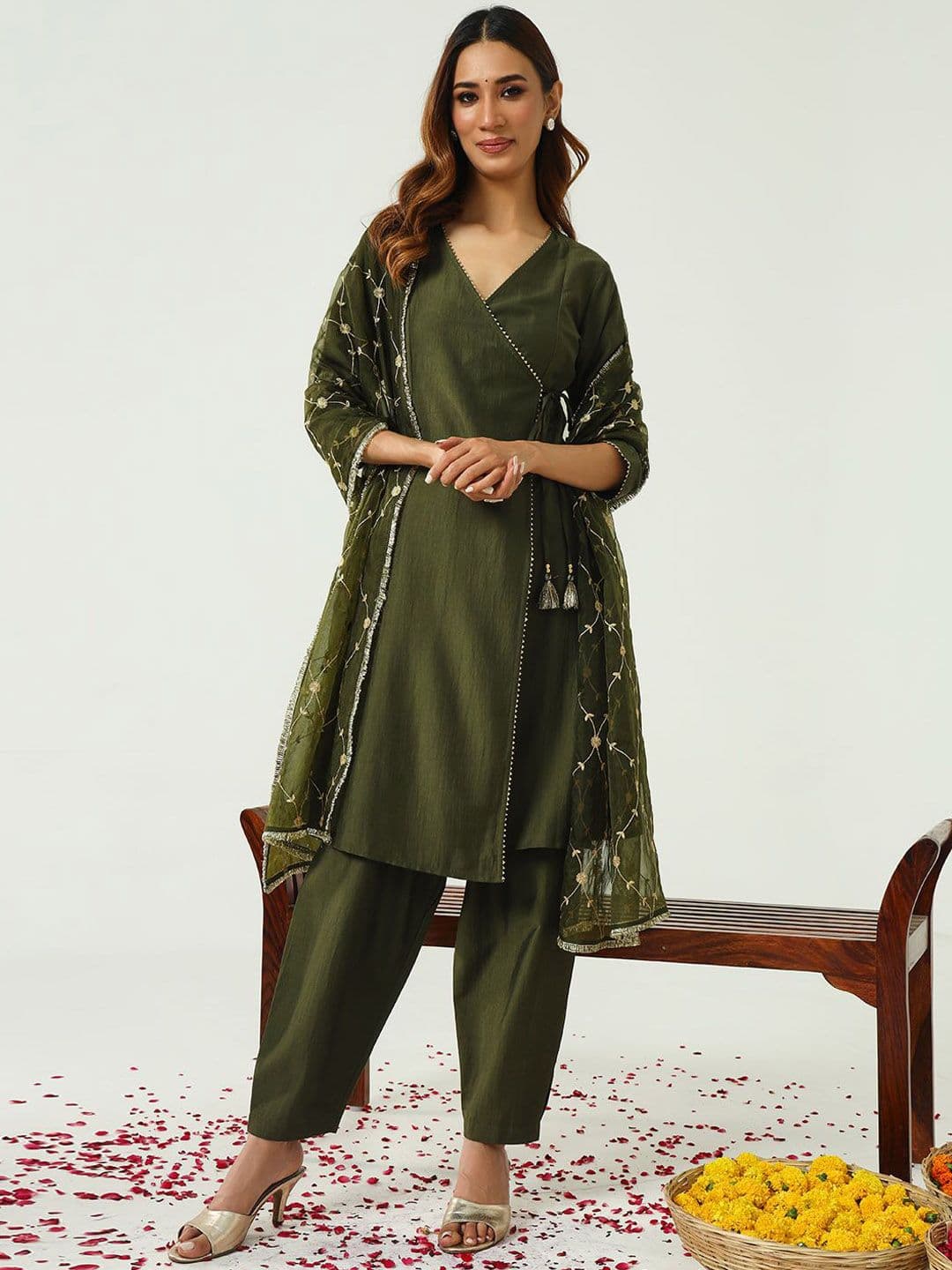 FIORRA Olive Green V-Neck Angrakha A-Line Kurta with Trouser & With Dupatta - view 1