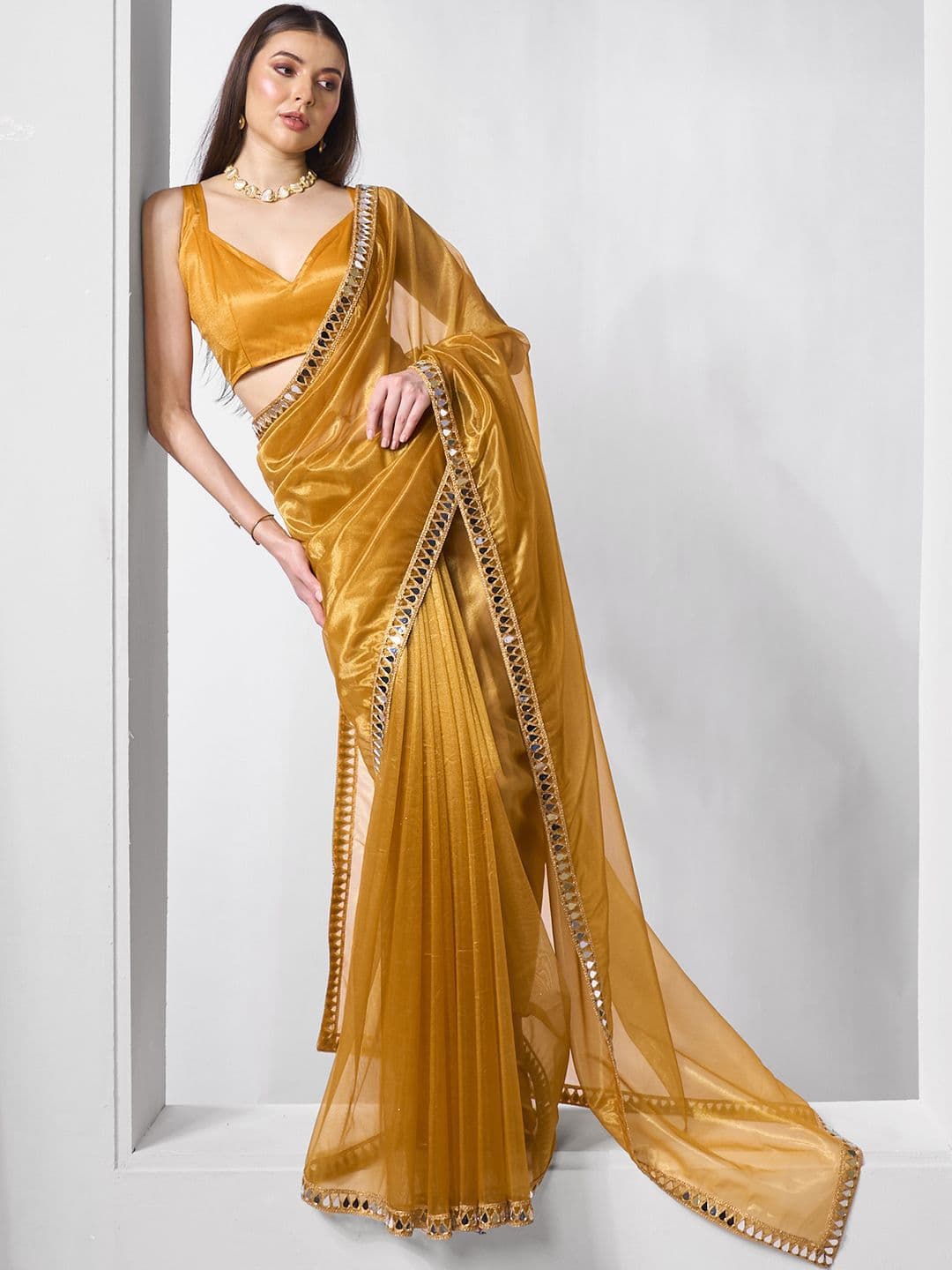 Mitera Mirror Work Organza Saree - view 1