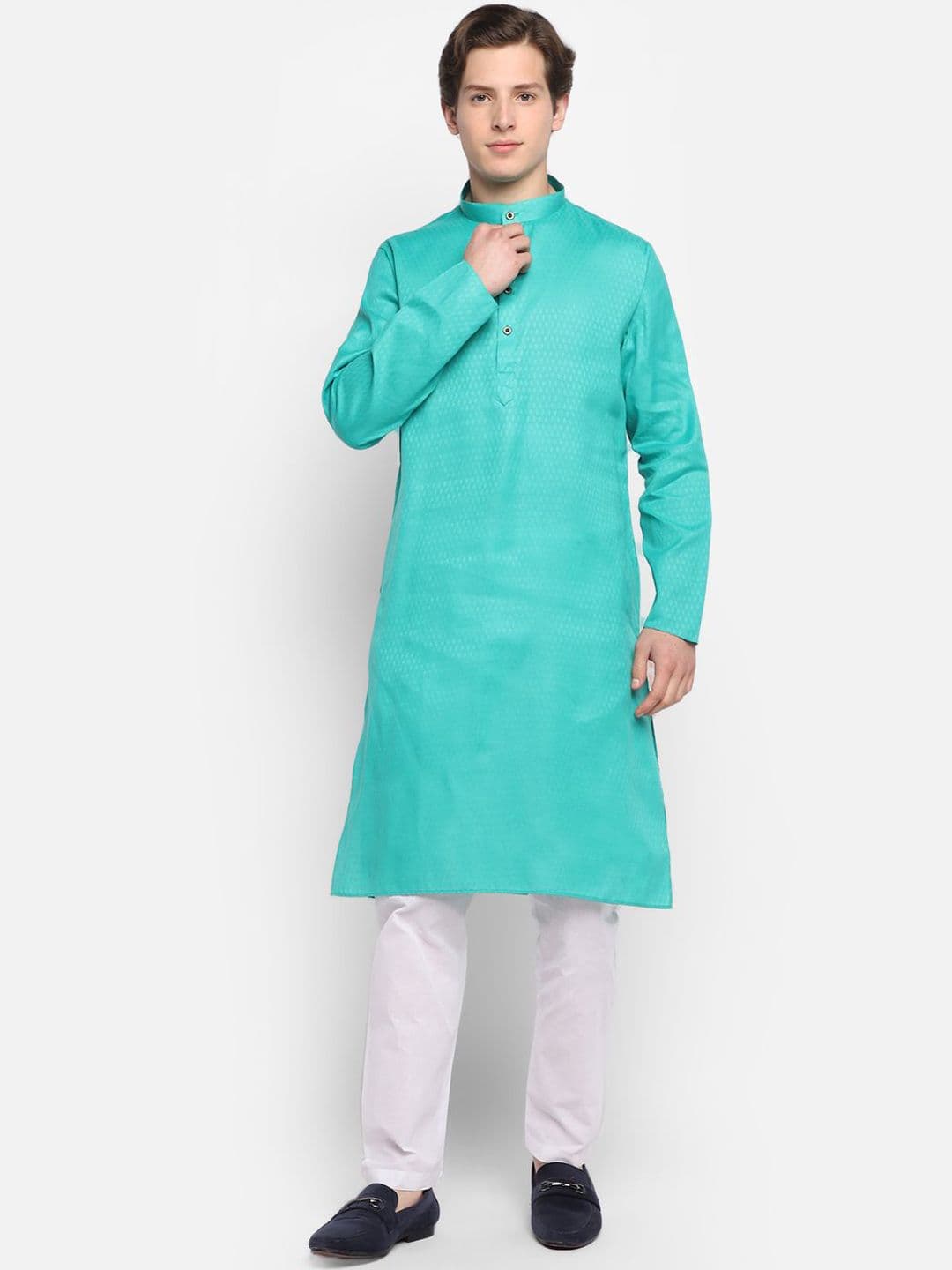 DEVOILER Green Woven design Band Collar Cotton Straight Kurta - view 1