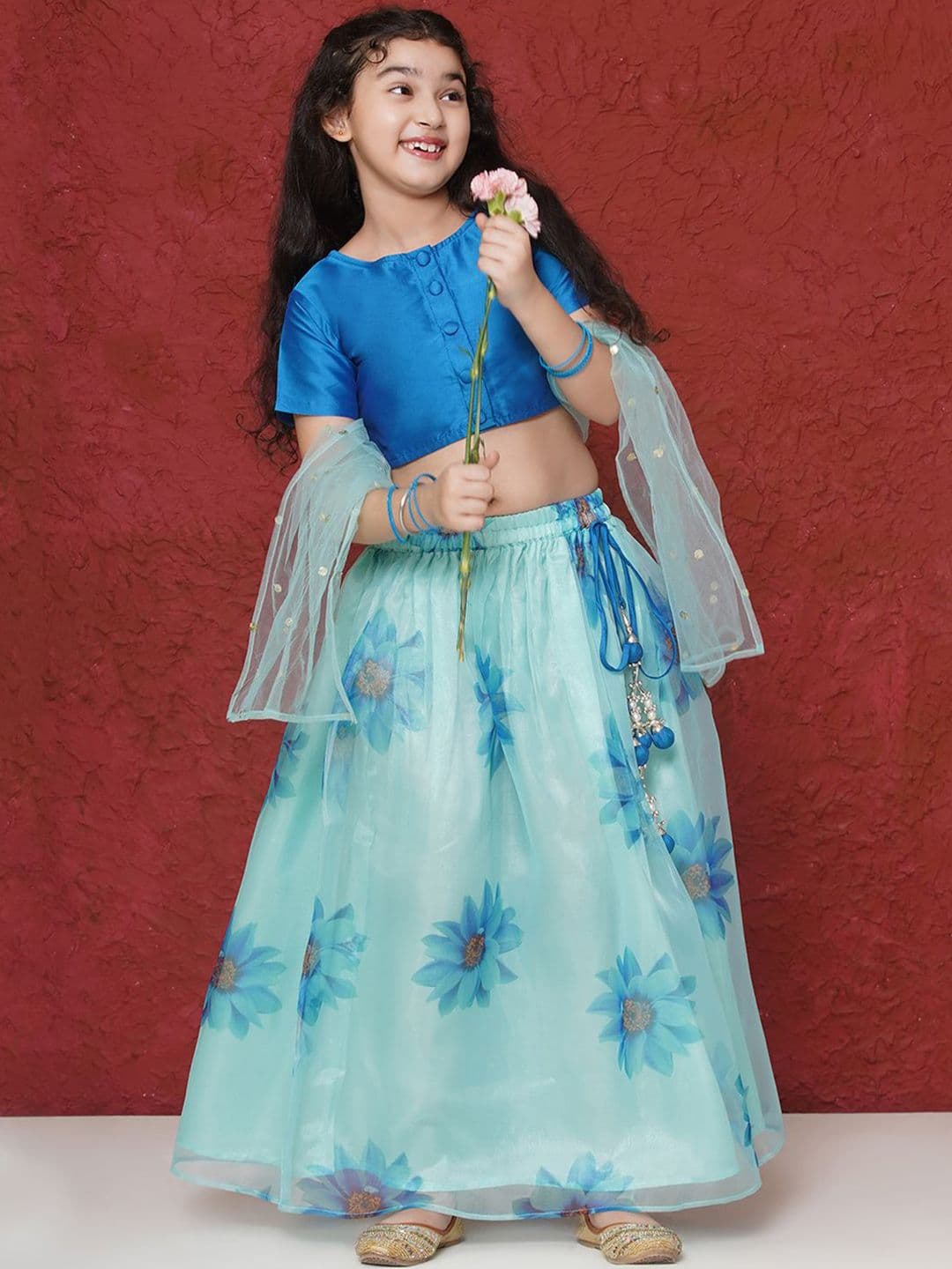 Aj DEZInES Girls Floral Print Blue Organza Ready to Wear Lehenga & Blouse With Dupatta - view 1